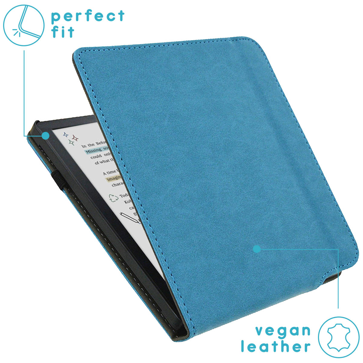 Een e-reader in een blauwe hoes, open. Tekst van een boek is zichtbaar op het scherm.