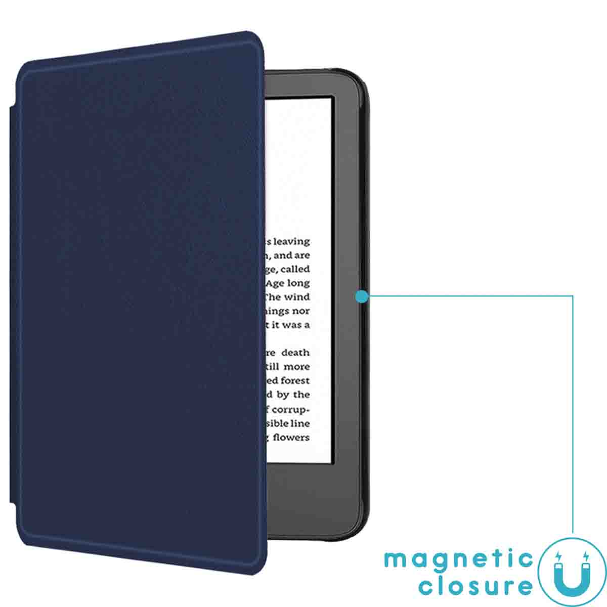 Liseuse avec étui bleu foncé ouvert. Le texte indique une fermeture magnétique.