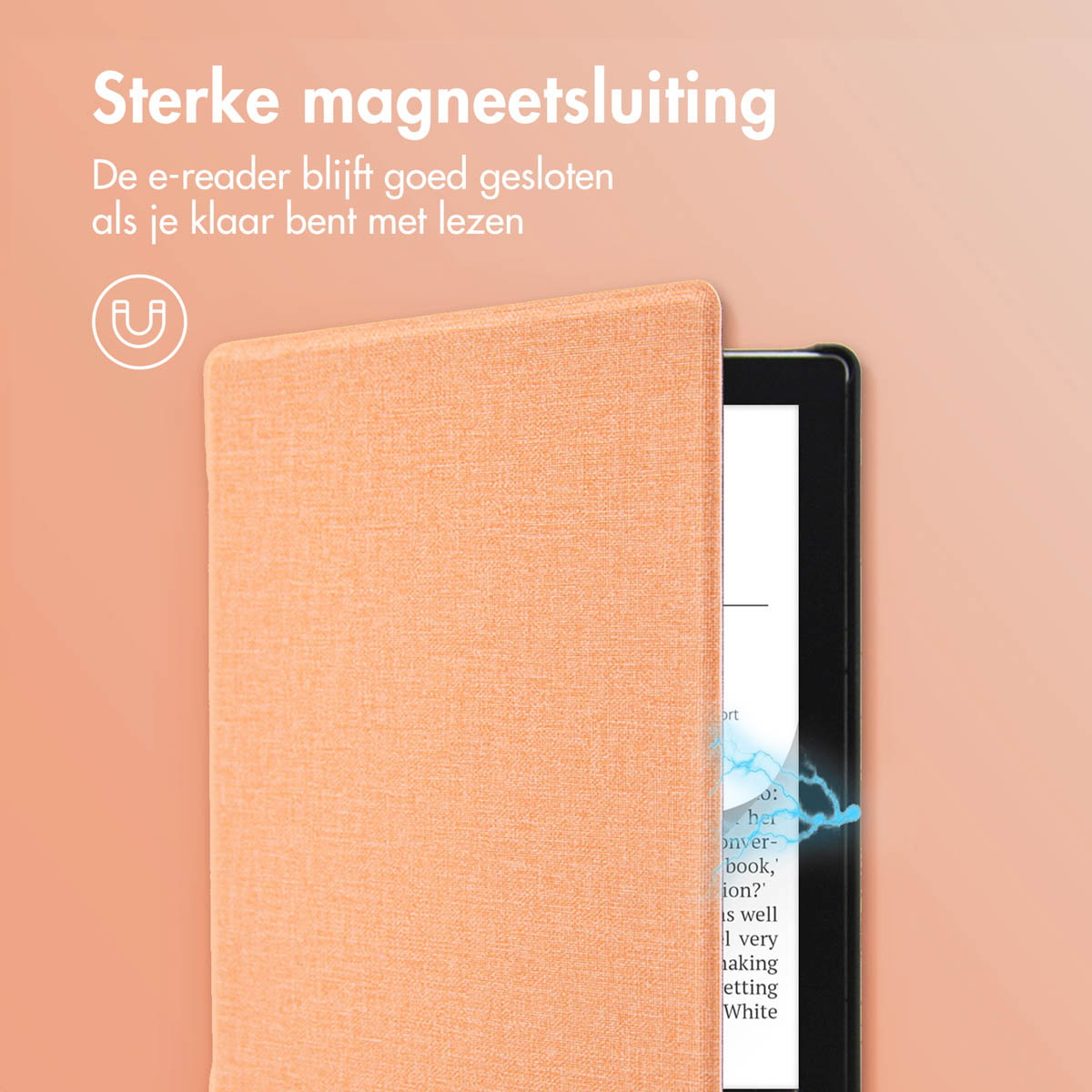Oranje e-reader cover. Voorzien van een sterke magnetische sluiting, die de e-reader gesloten houdt.