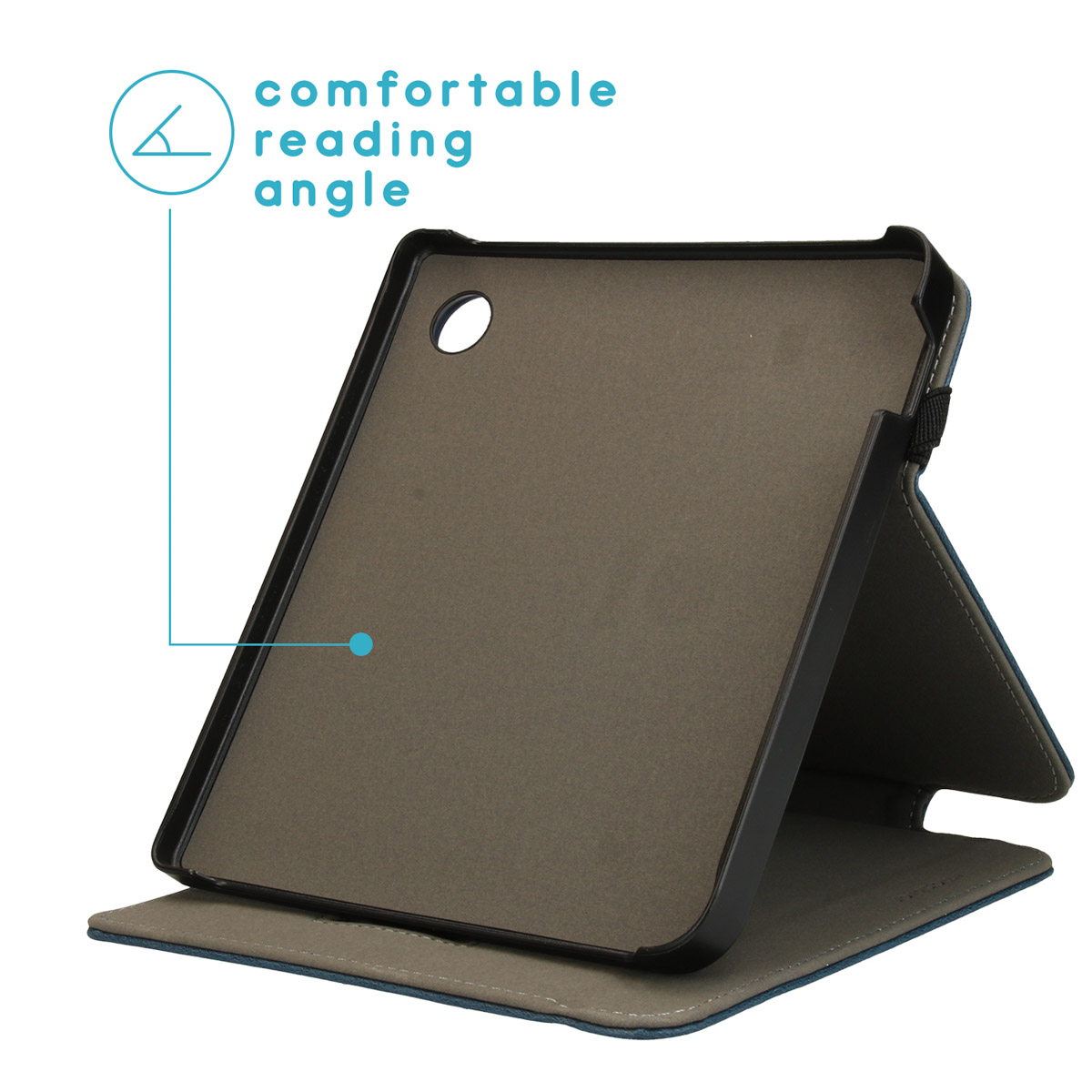 Een tablet met een blauwe hoes, opgezet voor comfortabel lezen. De binnenkant is zichtbaar.