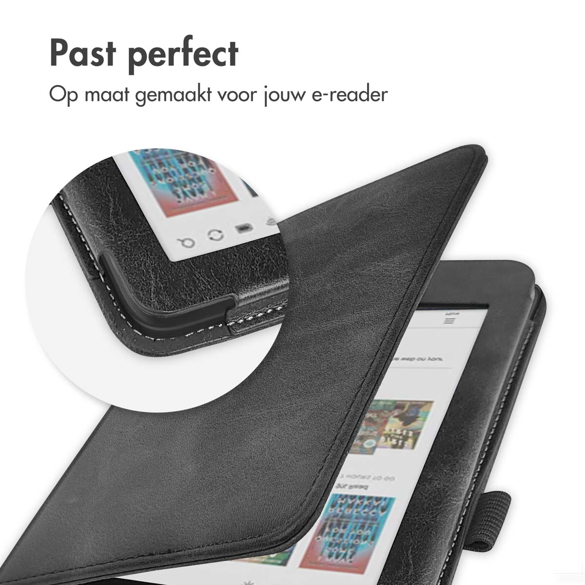 E-reader case is open, close-up van de lezer. Tekst geeft aan dat het op maat gemaakt is.