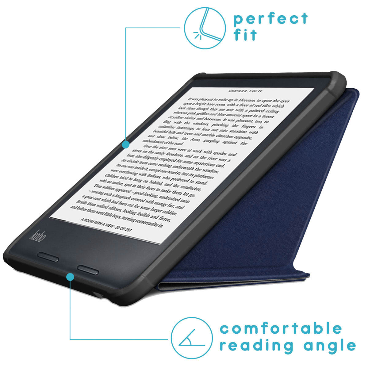 Een e-reader met een donkerblauwe hoes open, met tekst. De hoes biedt een leeshoek.