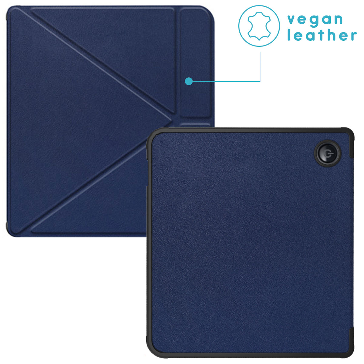 Twee blauwe e-reader-hoesjes, één open, met een 'vegan leder'-label.