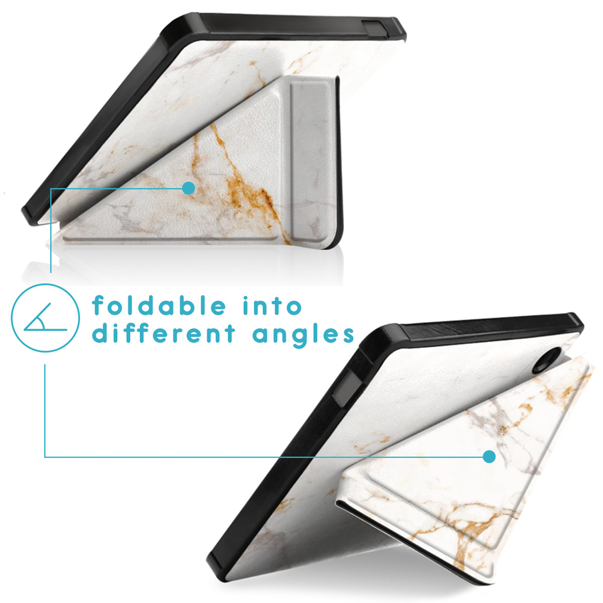 Une coque de tablette en deux positions. La coque est blanche avec un motif marbre doré.