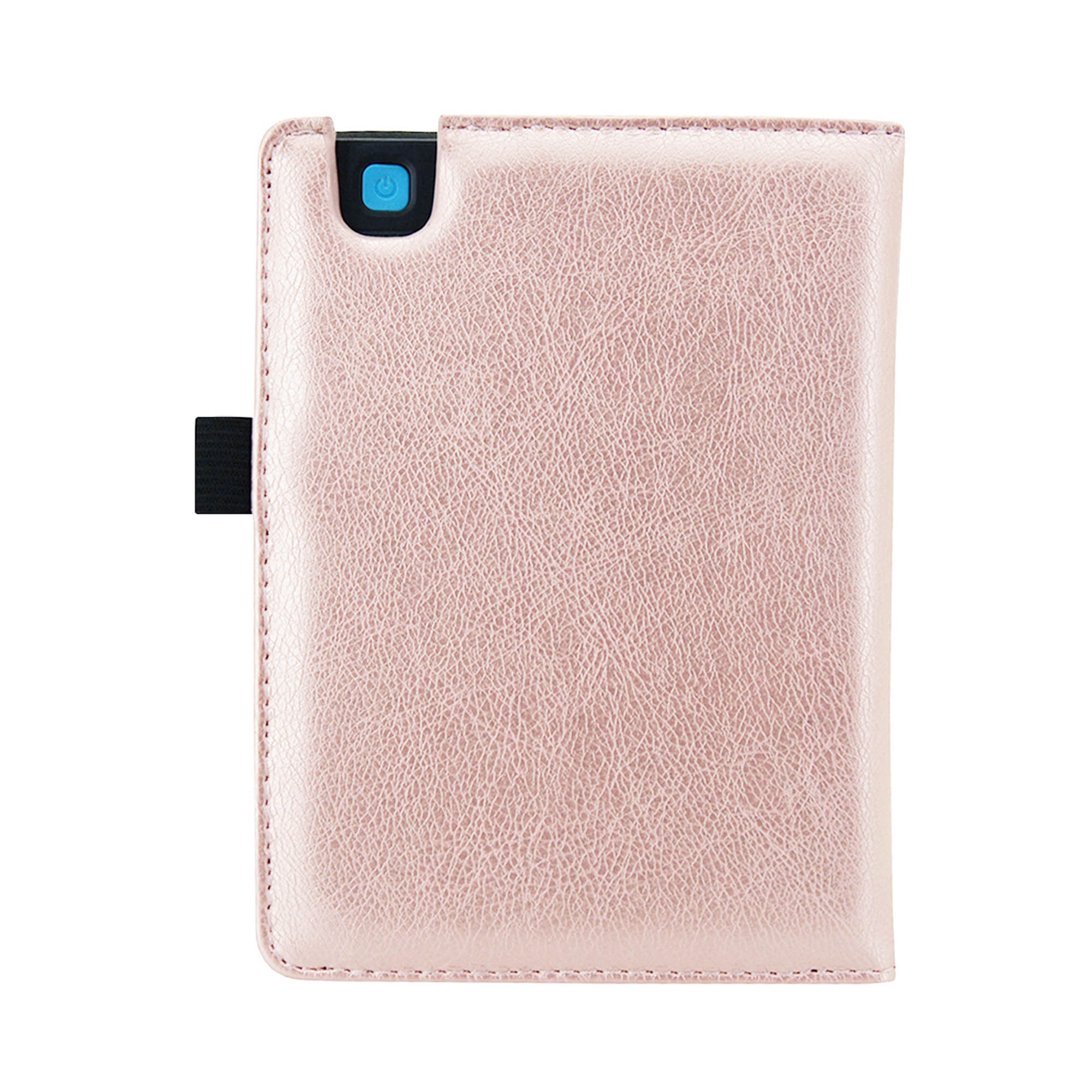 Roze e-readerhoes met een zwarte band en een blauwe knop.