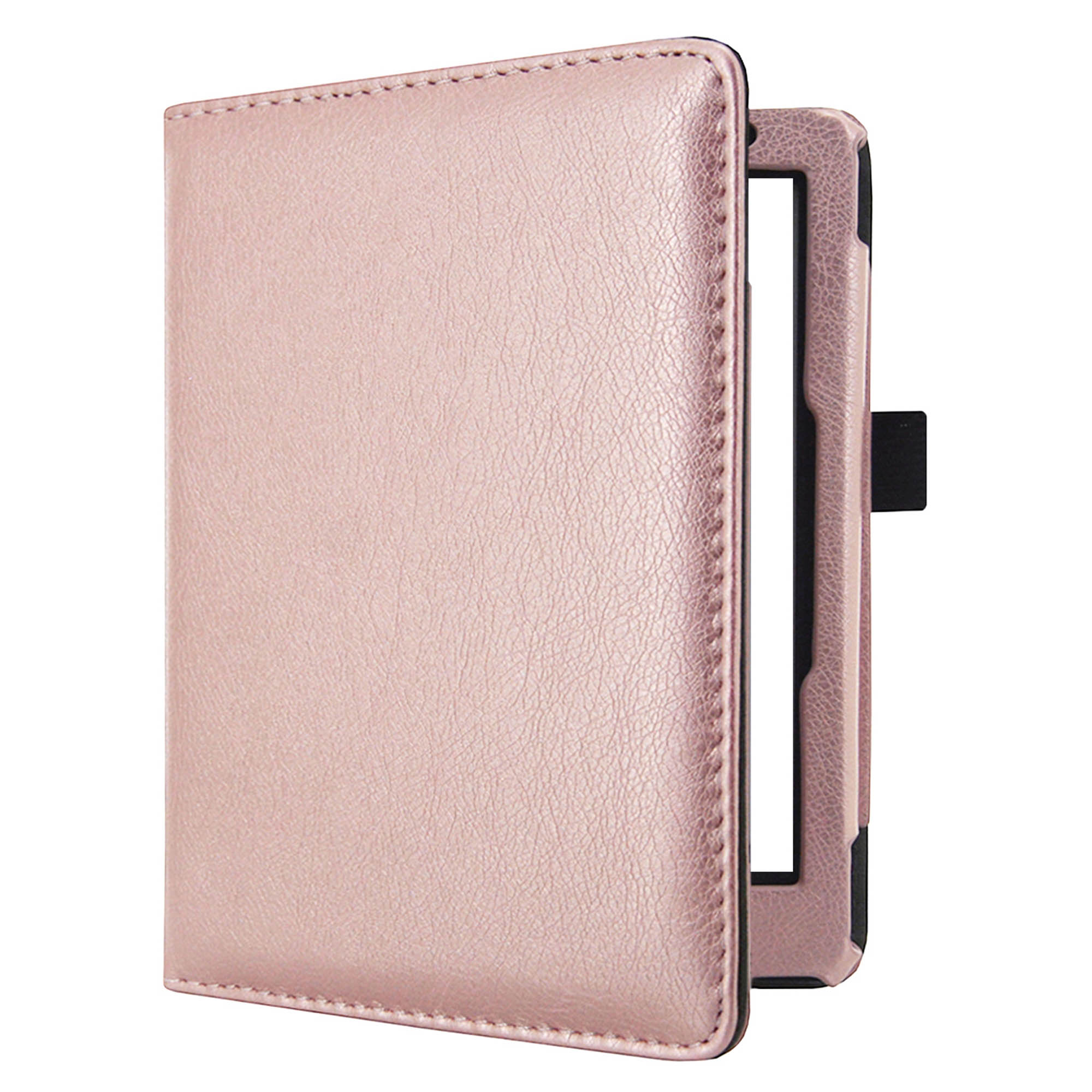 Roze e-reader hoes, gesloten. De hoes is van leer, met de e-reader in het frame.