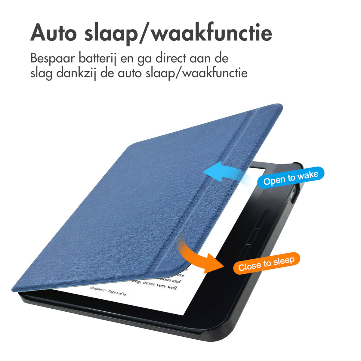 E-reader met een blauwe cover open. Toont automatische slaap/waak-functie, met pijlen.