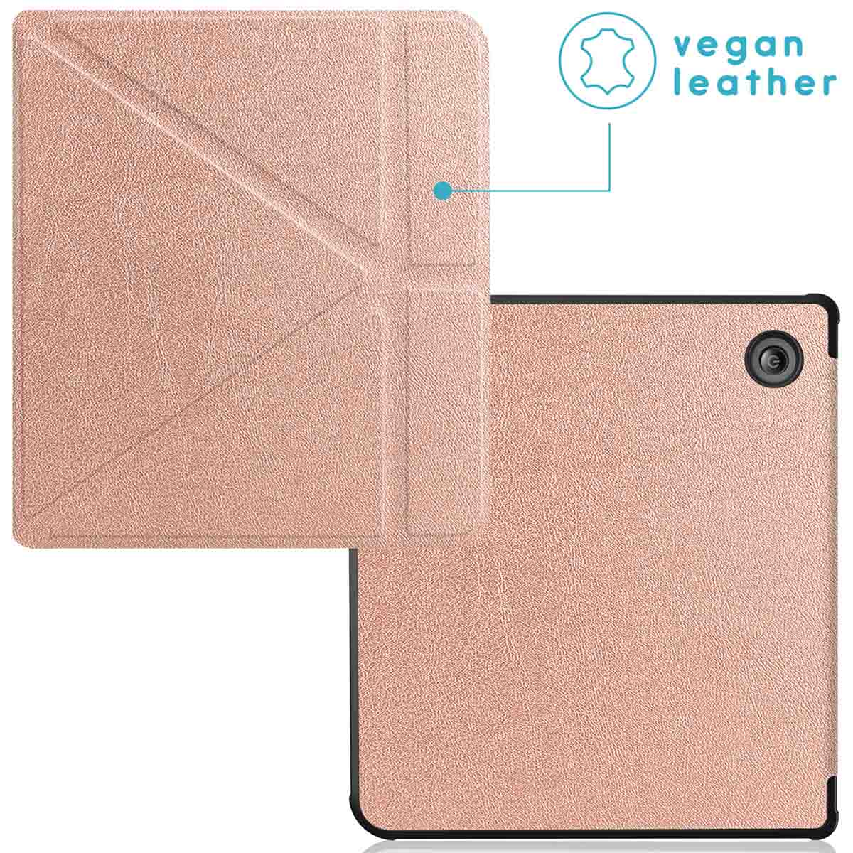 Roze tablethoes met een geometrisch ontwerp, zwarte randen en vegan leer.