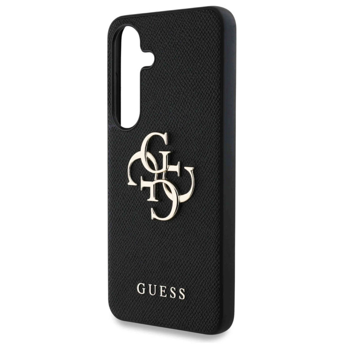 Czarne etui na telefon ze złotym logo Guess. Etui jest teksturowane.