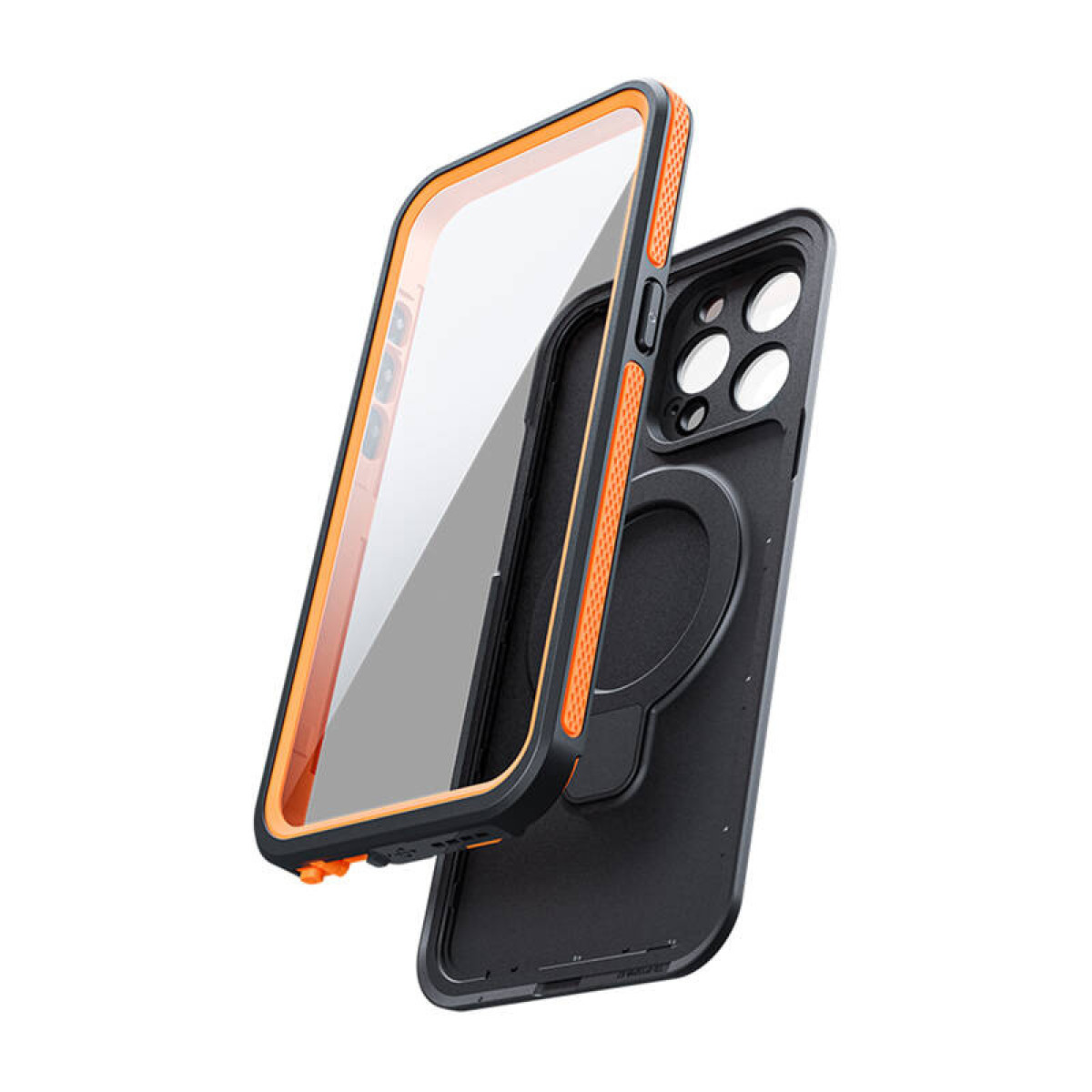 Een telefoonhoesje wordt getoond met een transparante voorkant en een oranje rand. Het is gescheiden van de zwarte achterkant.