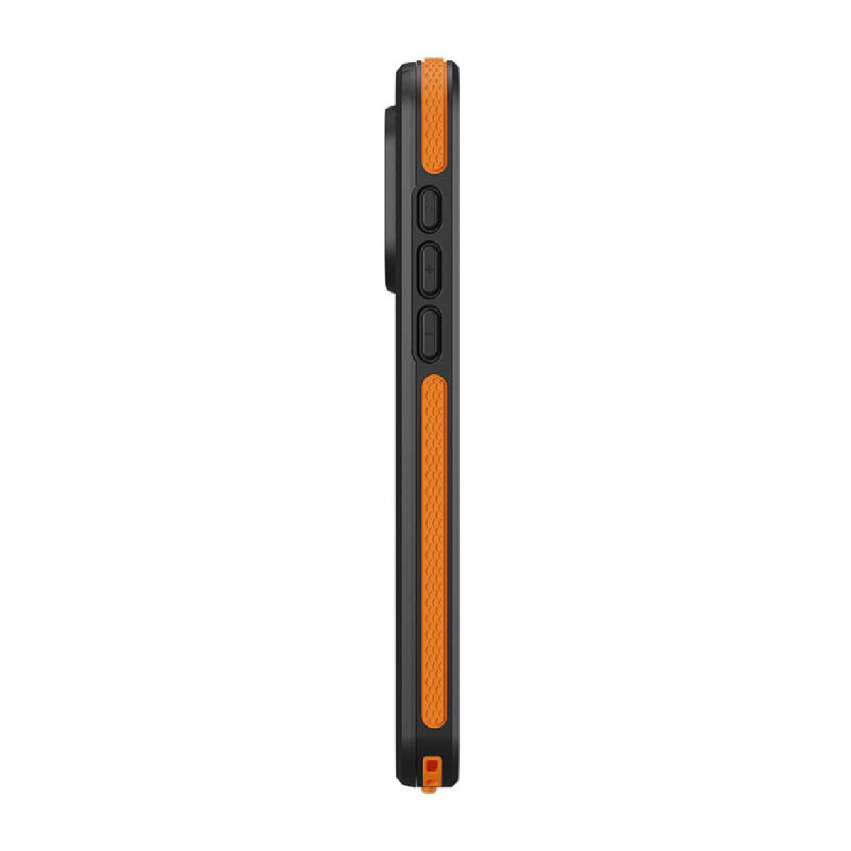 Zijaanzicht van een zwarte en oranje telefoonhoes. Beschermt de zijkant van de telefoon.