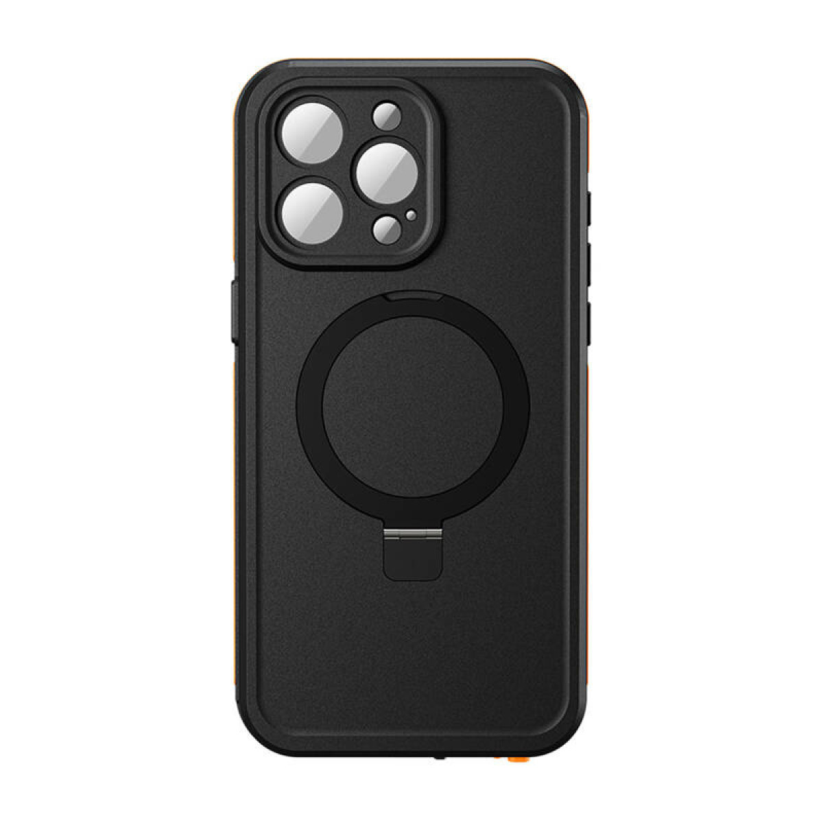Zwarte telefoonhoes met cameramodule detail en magnetische ring. Oranje rand markeert randen.