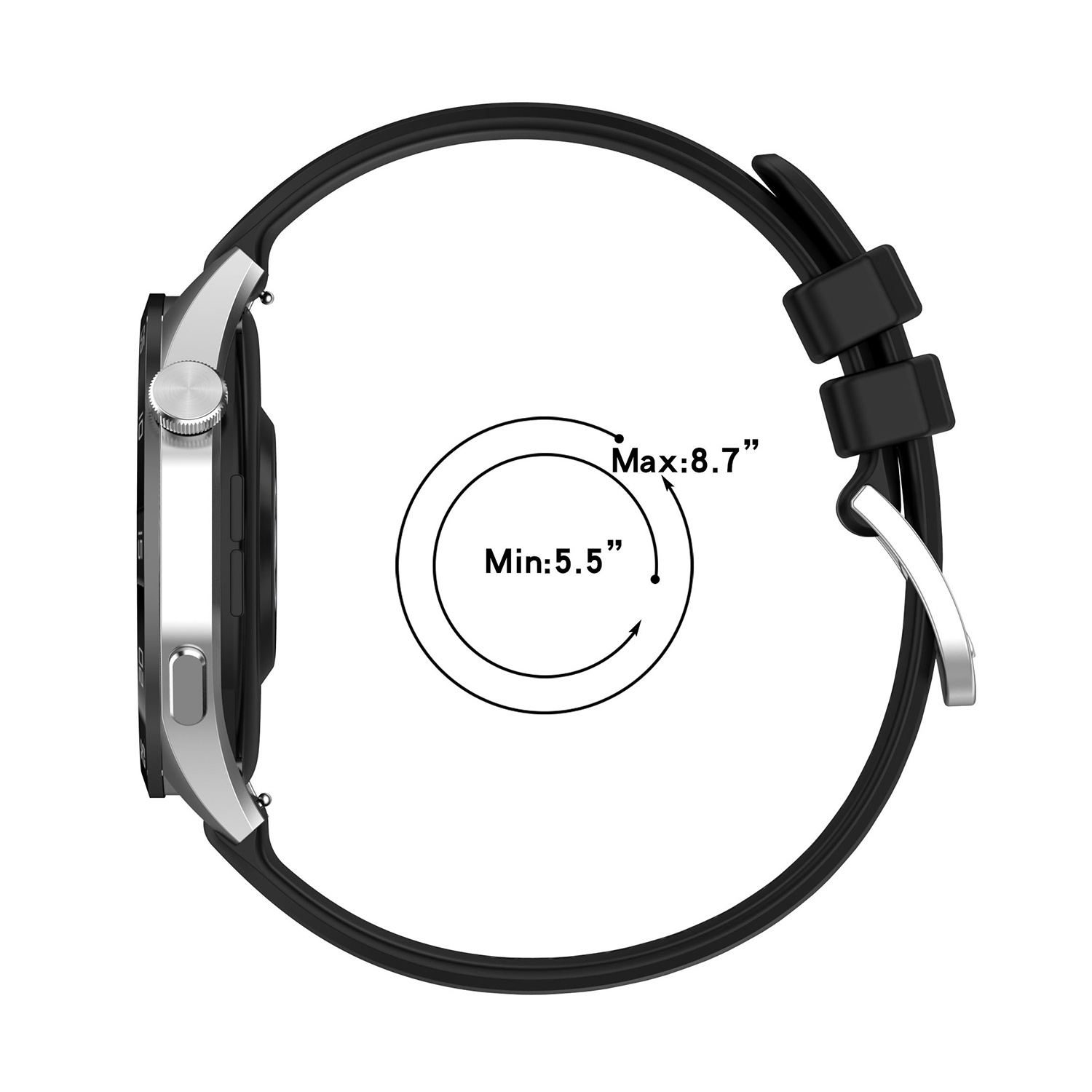 Widok z boku czarnego smartwatcha z pomiarem pokazującym rozmiar paska.