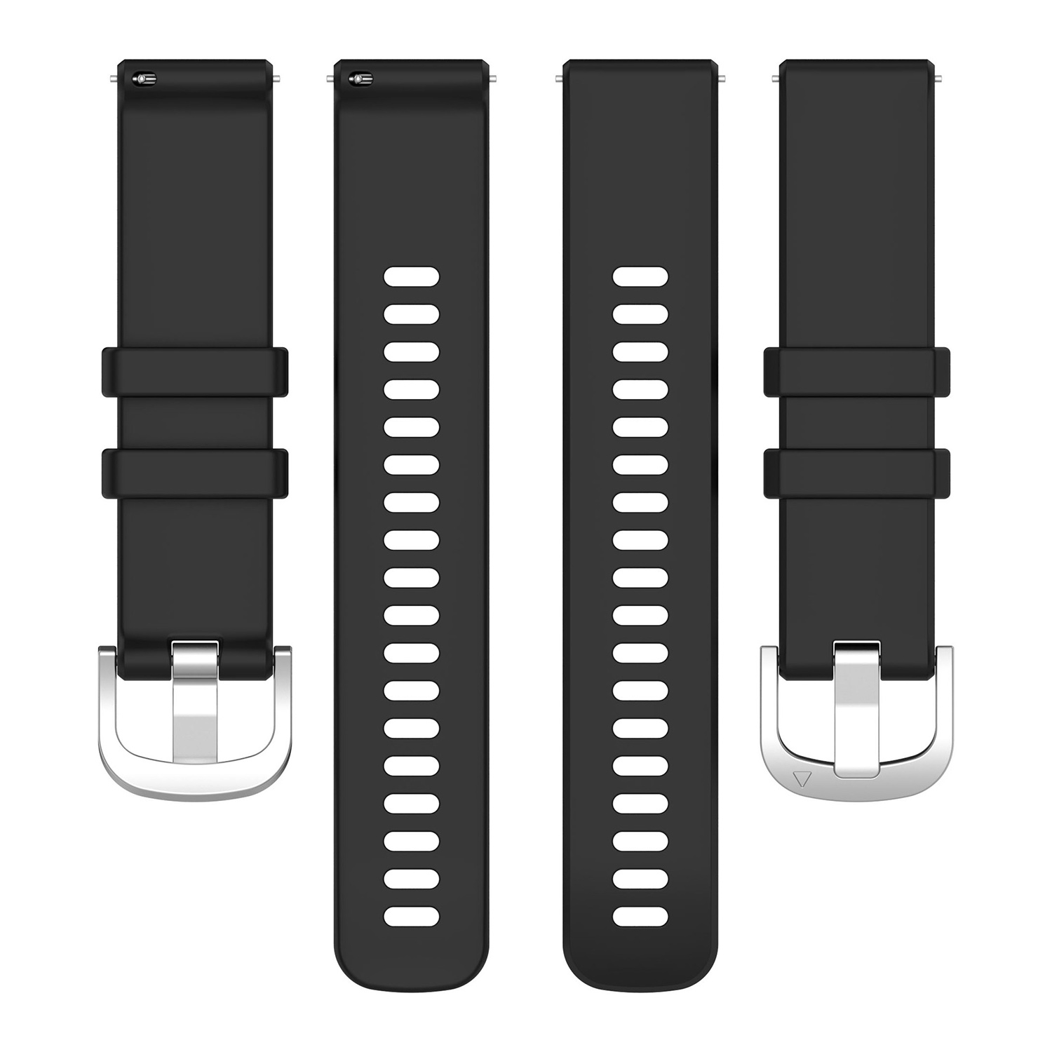 Cztery czarne paski do zegarków ze srebrnymi klamrami na białym tle.
