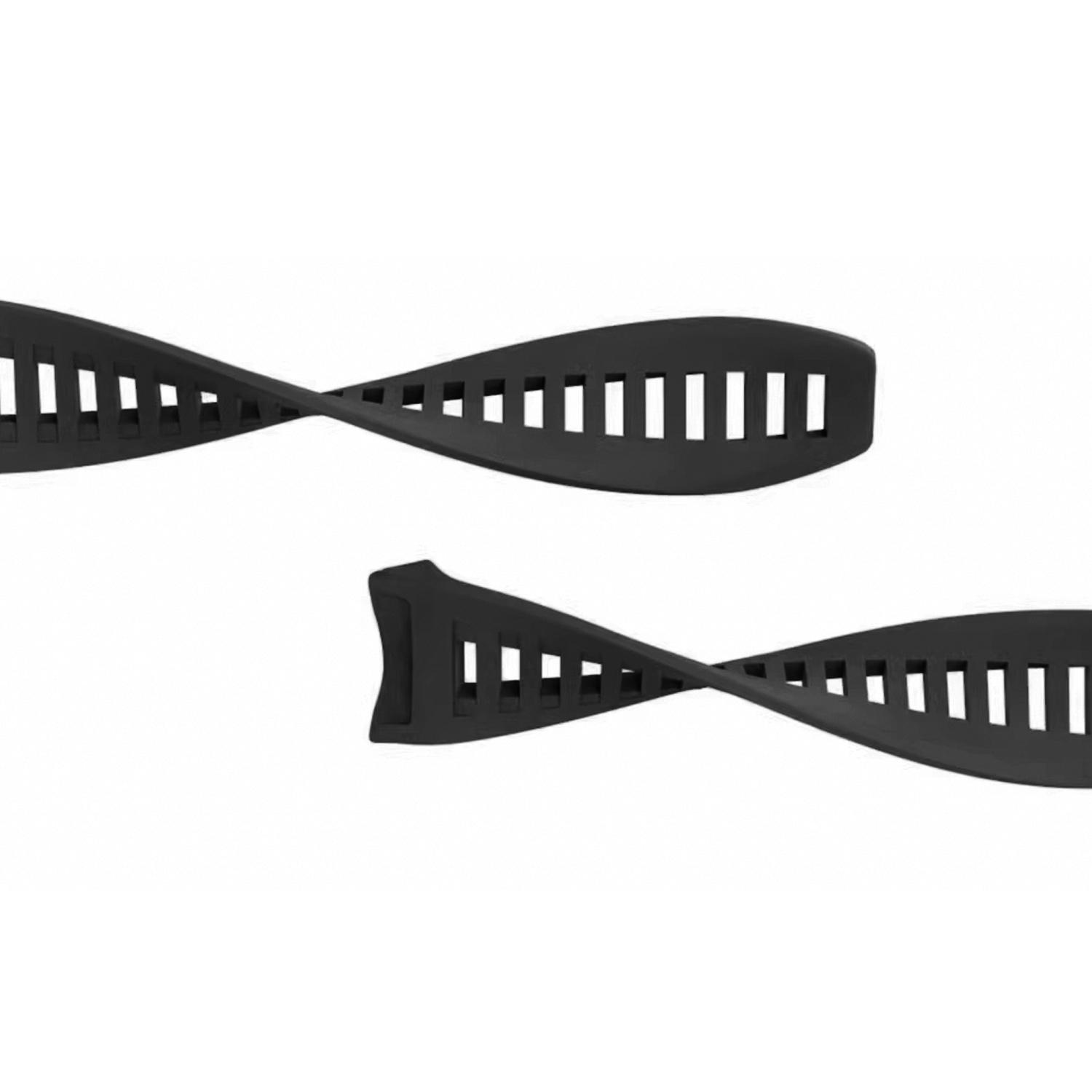 Dwa czarne, zakrzywione paski do zegarków na białym tle, pokazujące design.