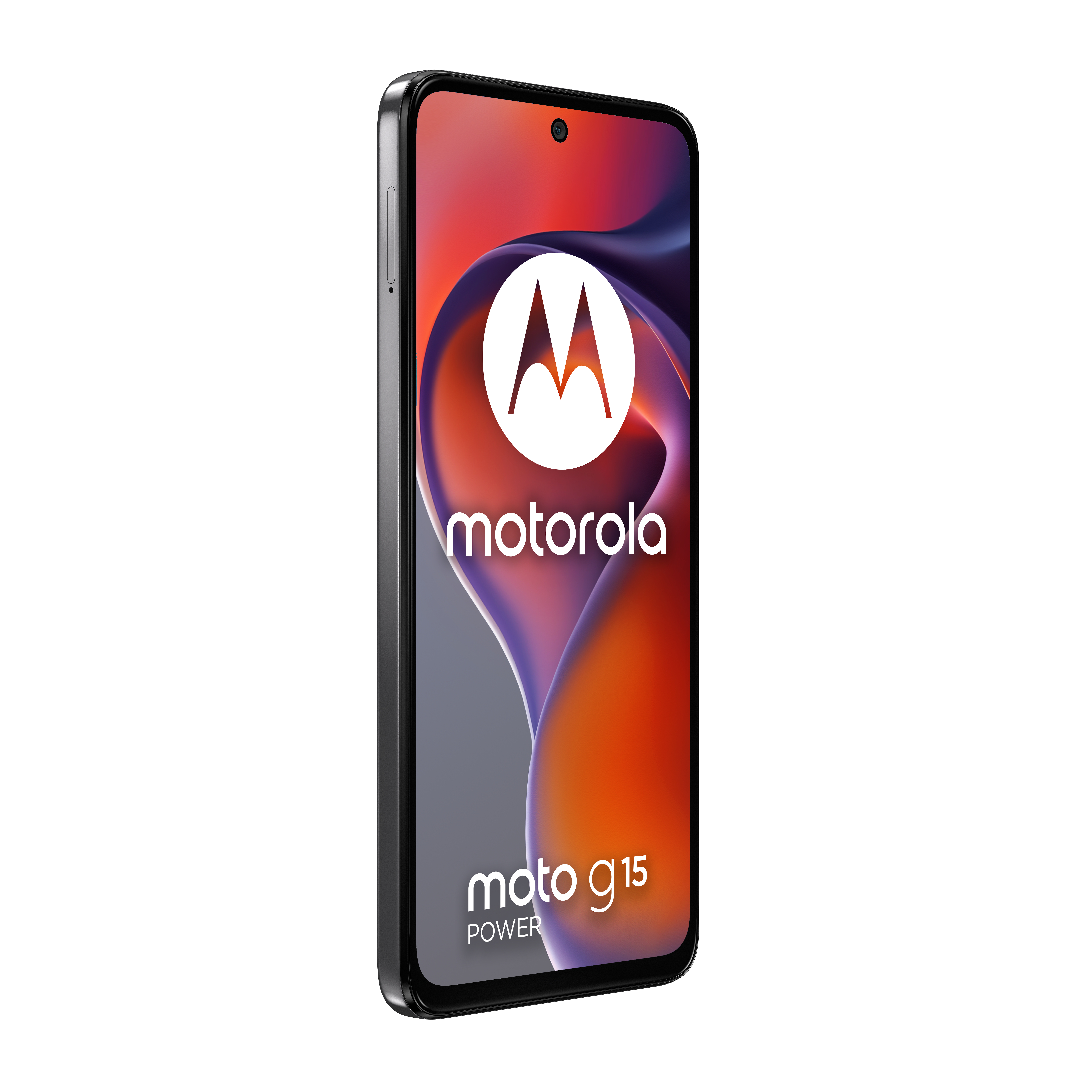 Motorola Moto G15 Power telefoon. Zwart frame, rode en paarse gradiënt achtergrond. Motorola logo.