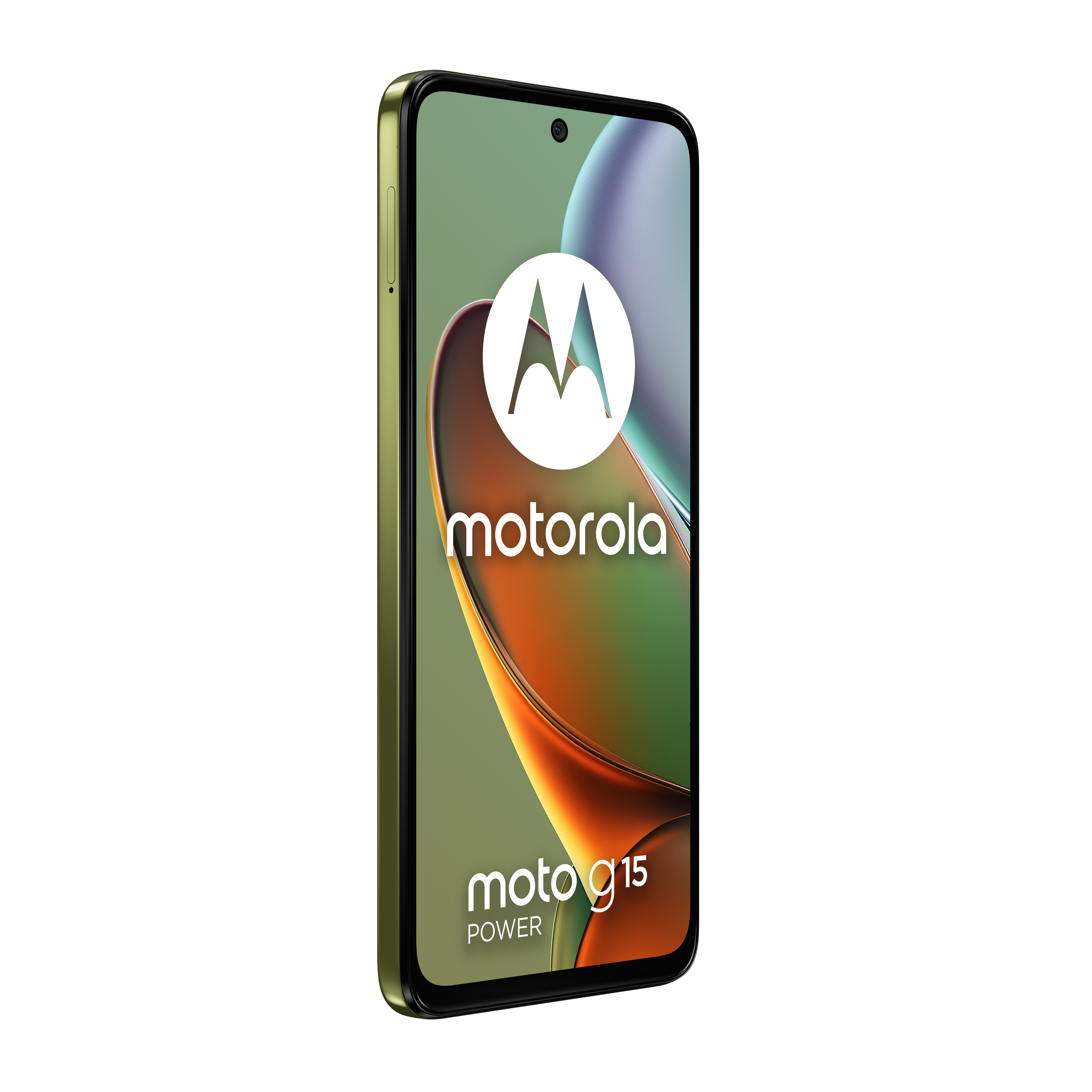 Een groen-gouden Motorola Moto G15 Power telefoon in perspectief.