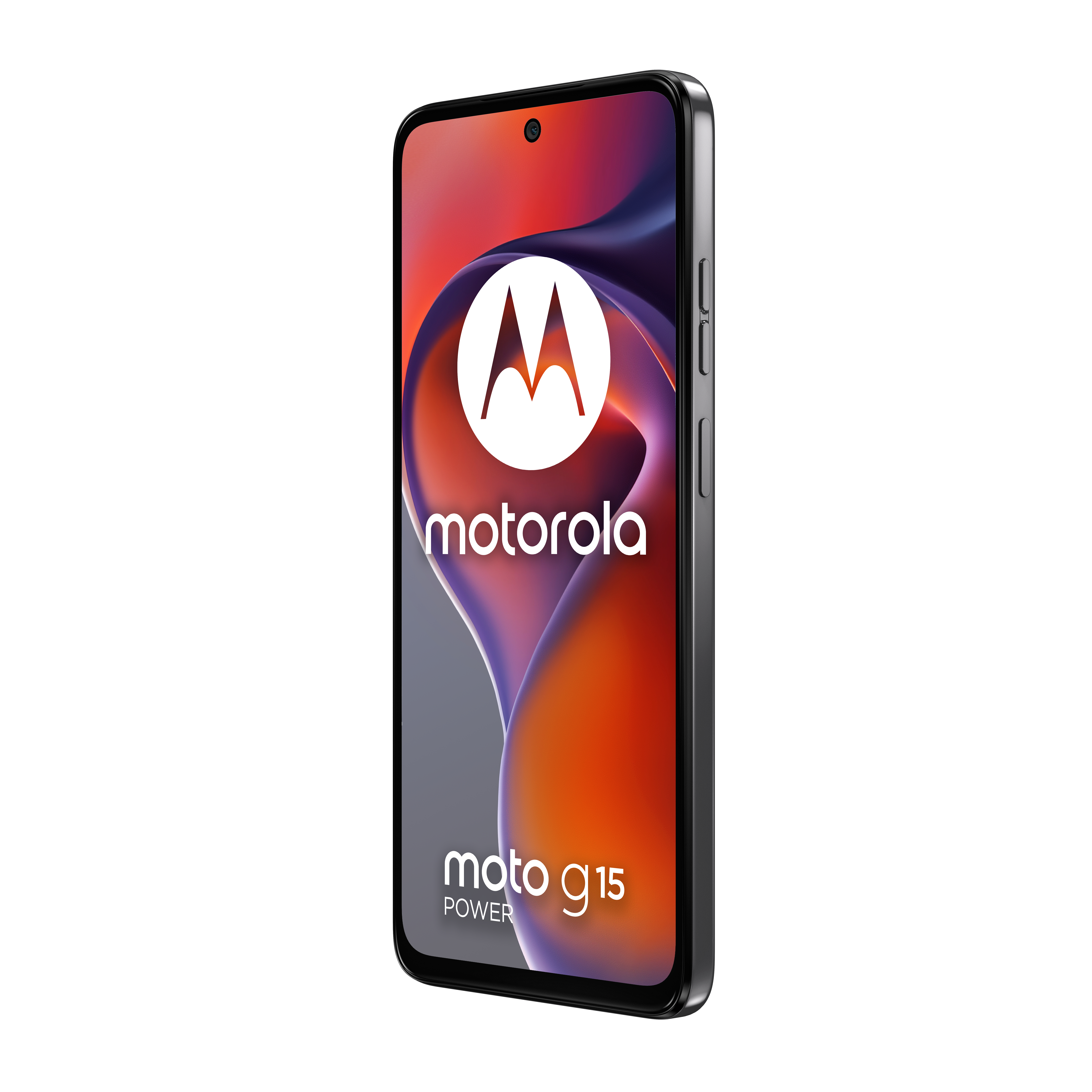 Zwart-grijze Motorola Moto G15 Power telefoon met een wit logo op het scherm.