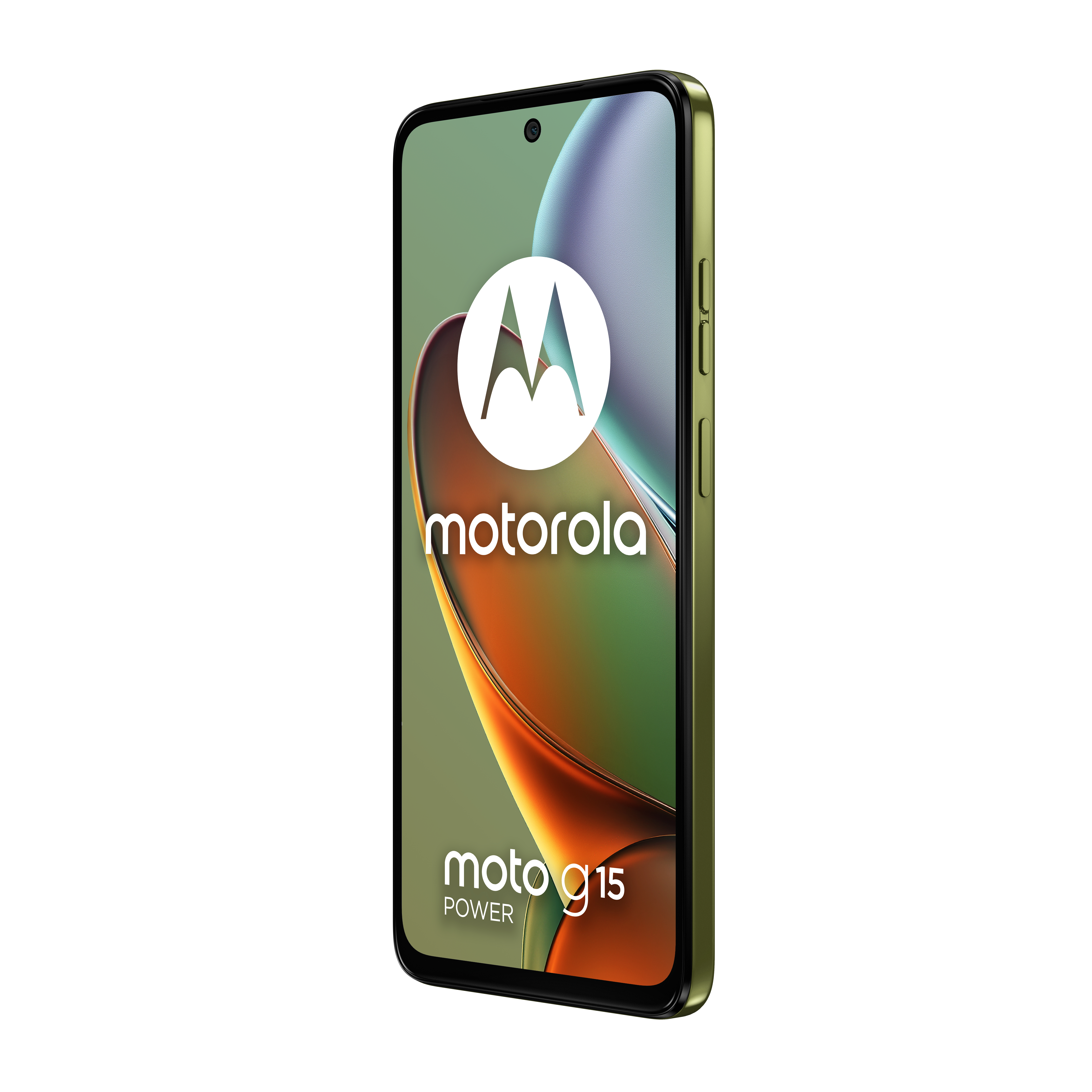 Motorola moto g15 telefoon. De telefoon is groen en heeft het logo.