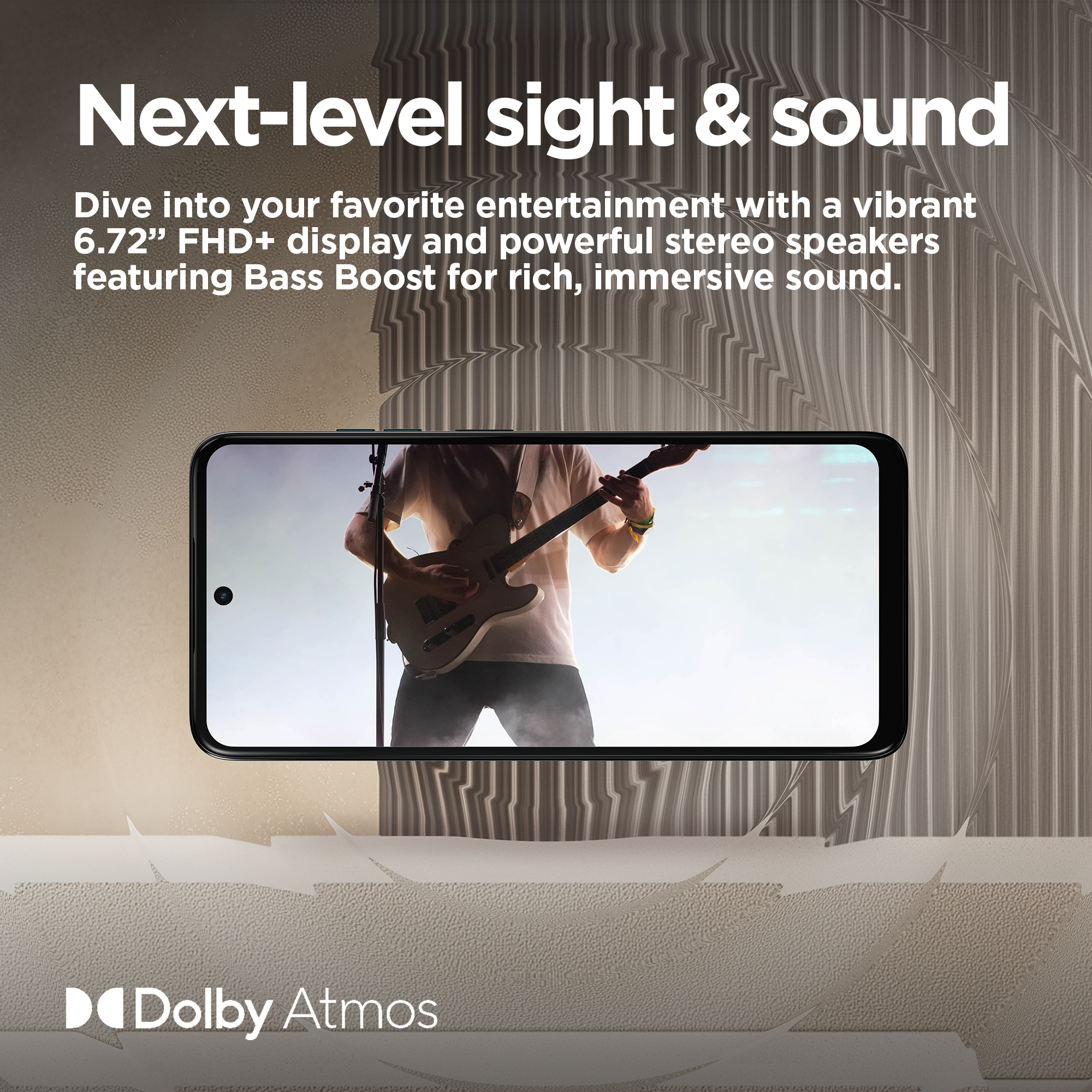Smartphone met een gitarist op het podium. Tekst en logo aanwezig.