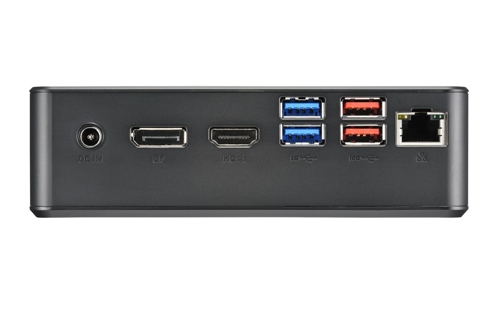 Tył czarnego mini PC z portami DC IN, DP, HDMI, USB i Ethernet, odizolowany na białym tle.