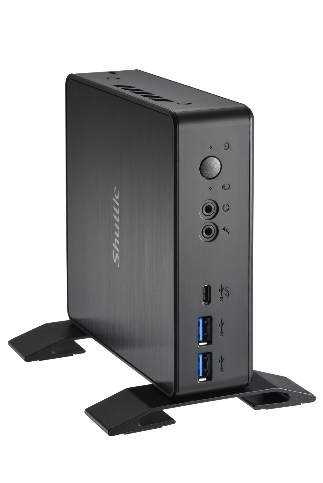 Czarny mini PC stojący na stojaku, widok z przodu.