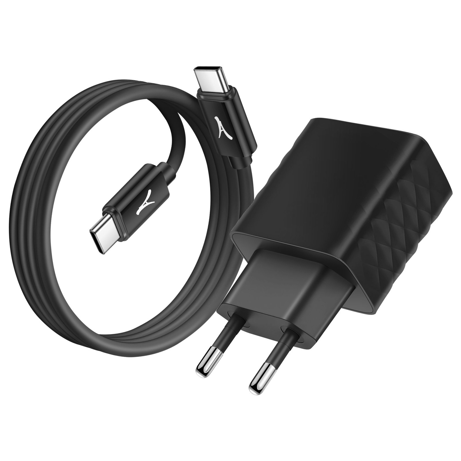 Un caricabatterie nero con cavo USB-C, con spina e logo del marchio.