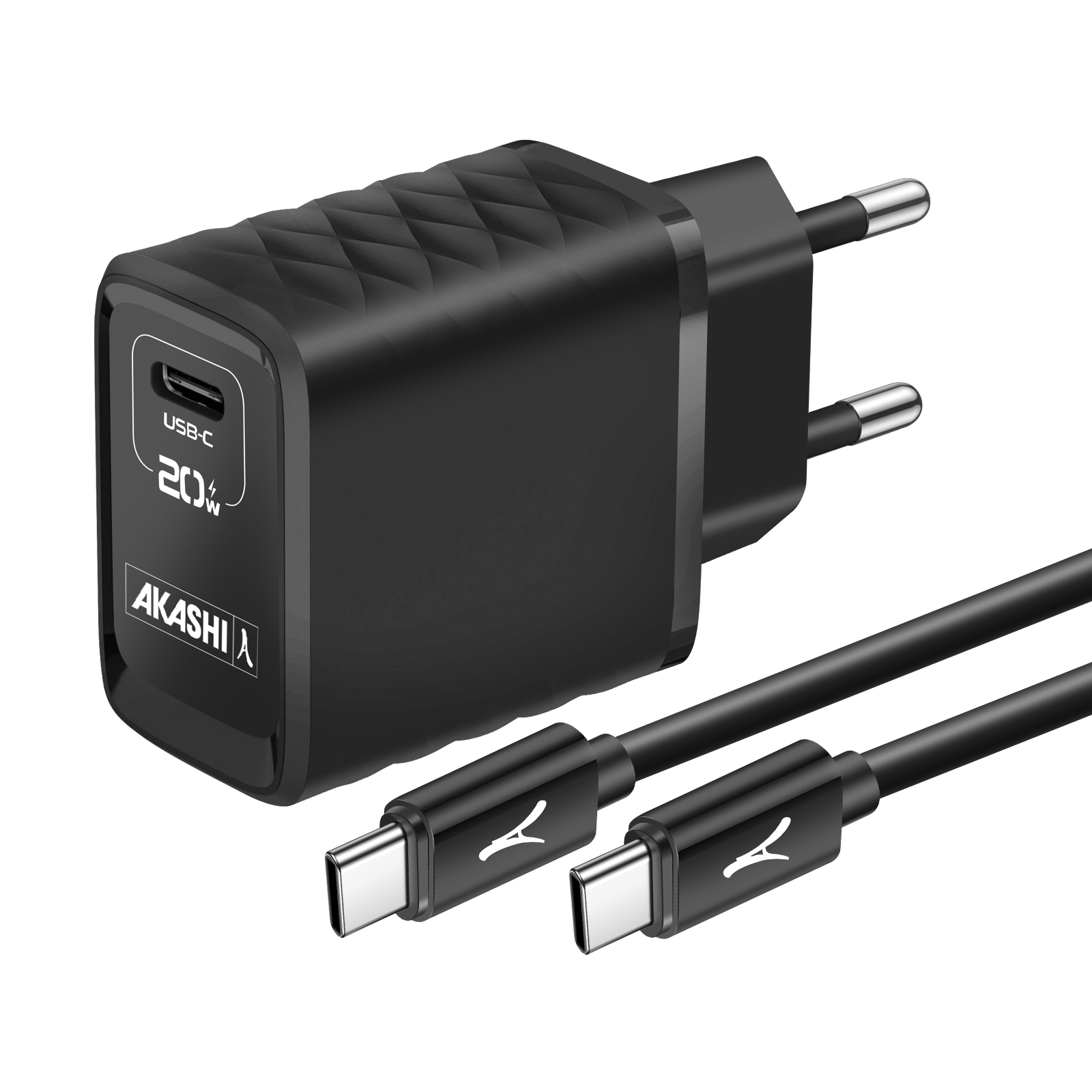 Un caricatore USB-C nero con due cavi, marchio AKASHI, su sfondo bianco.
