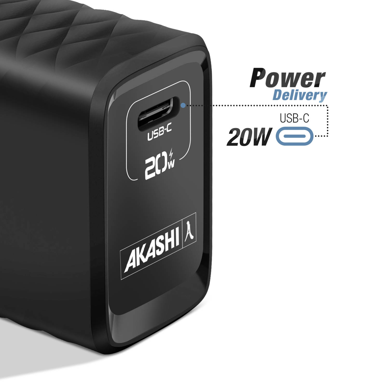 Caricabatterie Akashi nero con porta USB-C, etichettato 20W Power Delivery.