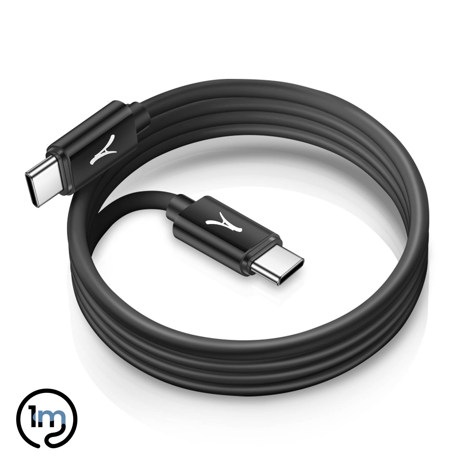 Un cavo USB-C nero, ad anello, con logo sui connettori. Il cavo è su sfondo bianco.