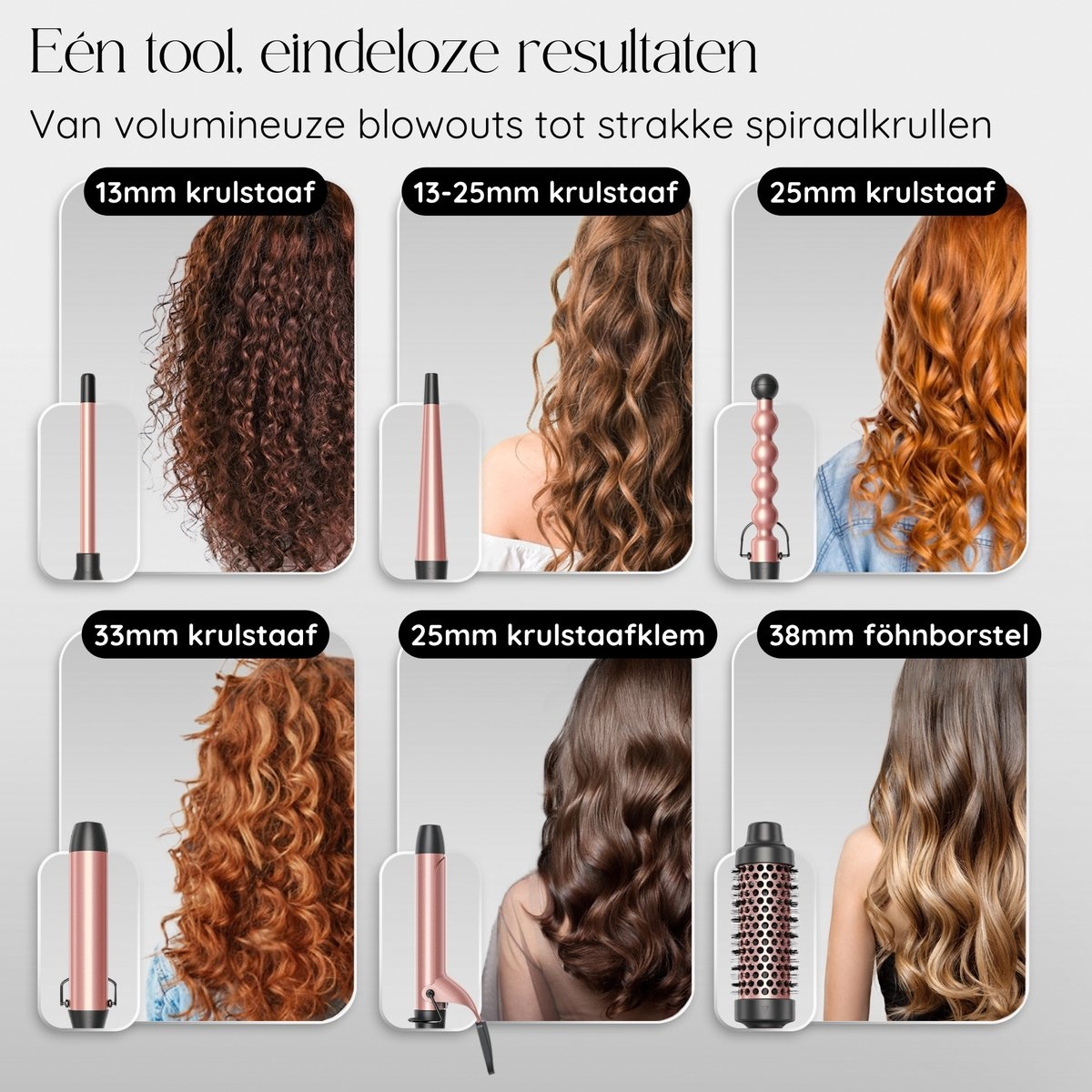 Haarstyling tools. Zes afbeeldingen tonen verschillende krulresultaten van verschillende krultangmaten.