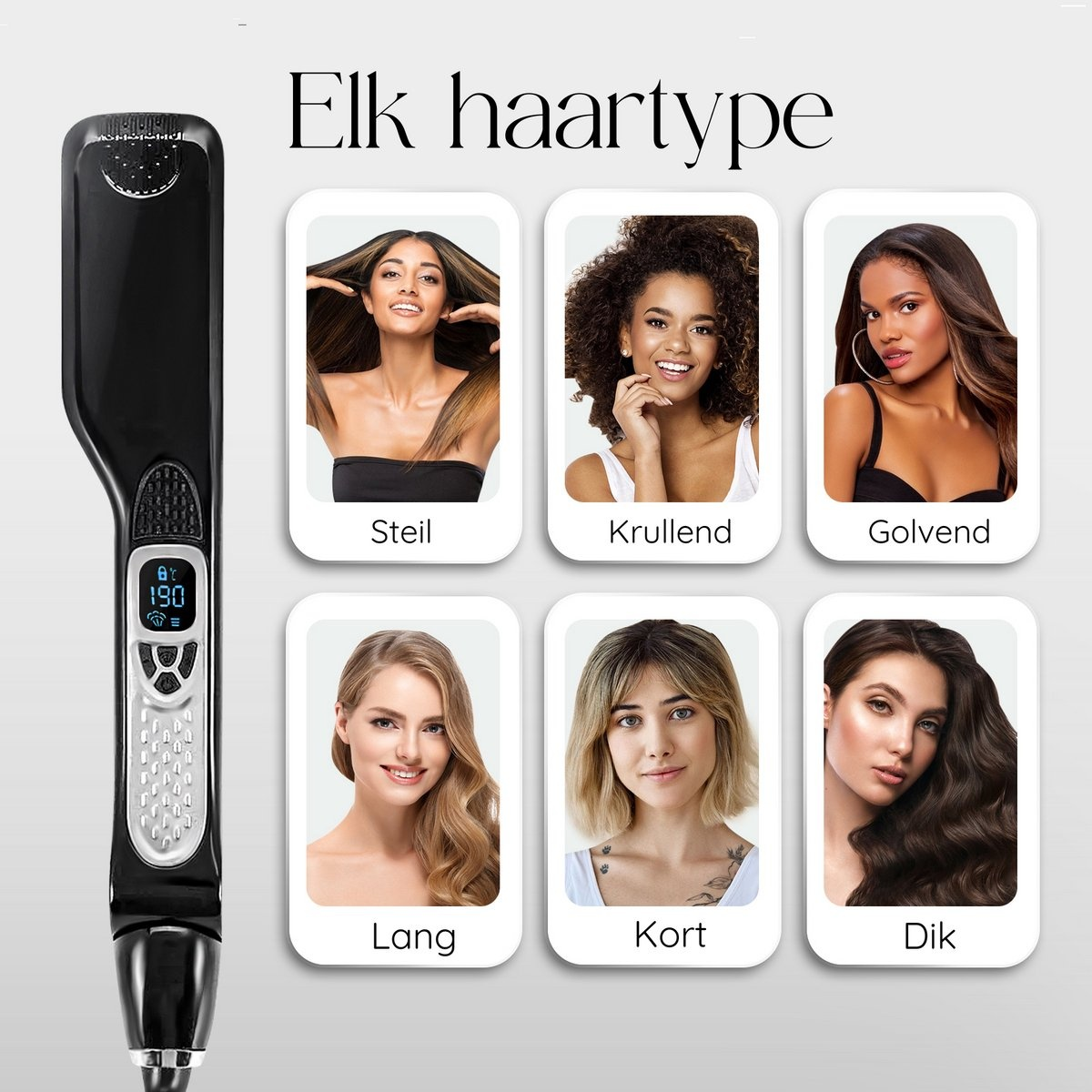 Hair straightener with 6 women with different hairstyles, labeled as Steil, Krullend, Golvend, Lang, Kort, and Dik.