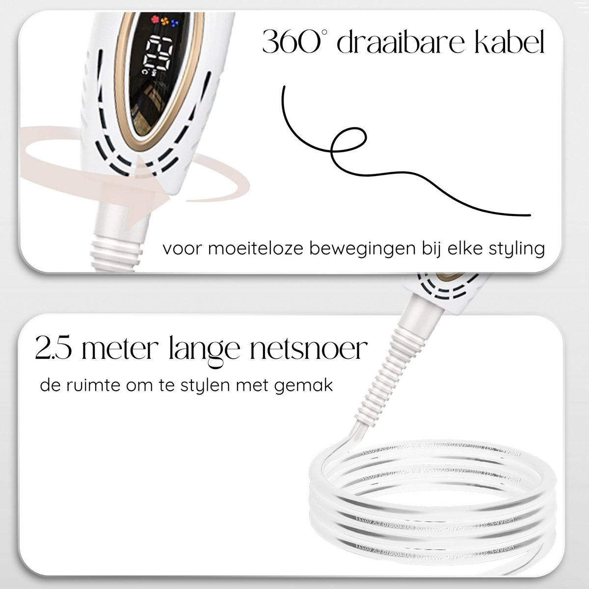 Close-up of hair straightener showing settings and rotating cable.