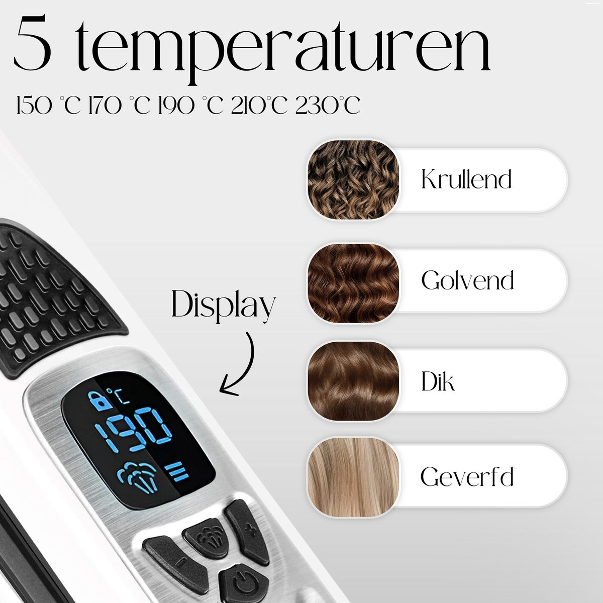 Hair styling tool with a digital display showing temperature settings. Different hair styles.