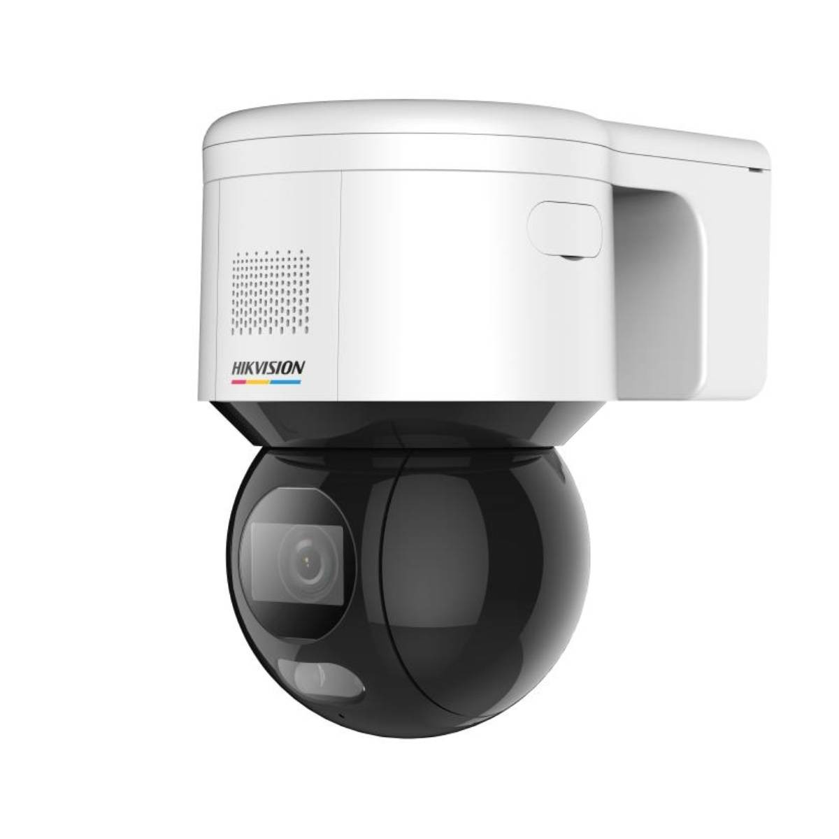 Una telecamera di sicurezza bianca e nera. La parte superiore è bianca, la parte inferiore è una sfera nera. Ha il logo Hikvision.