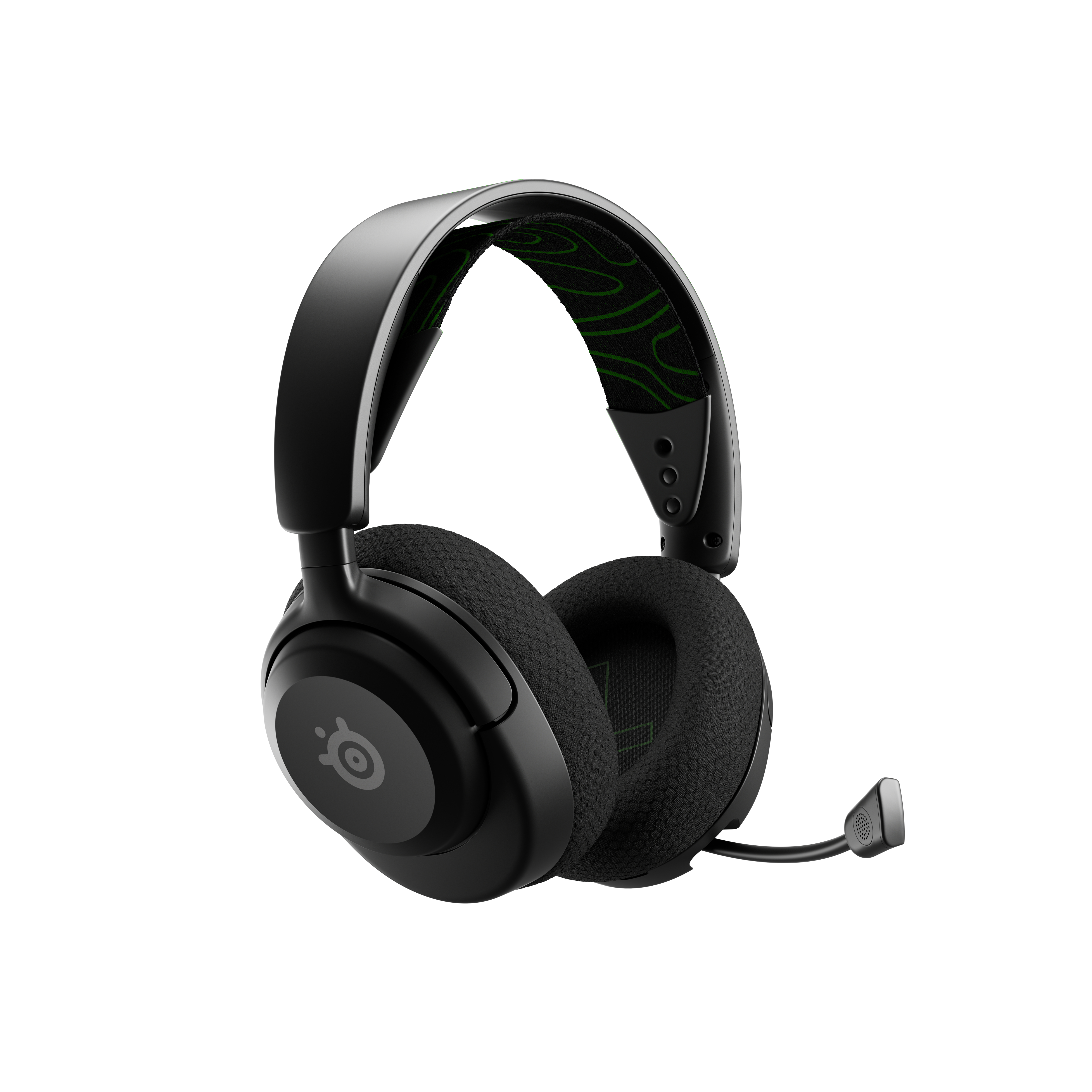 Cuffie da gioco nere con microfono. Padiglioni neri e fascia verde decorata.