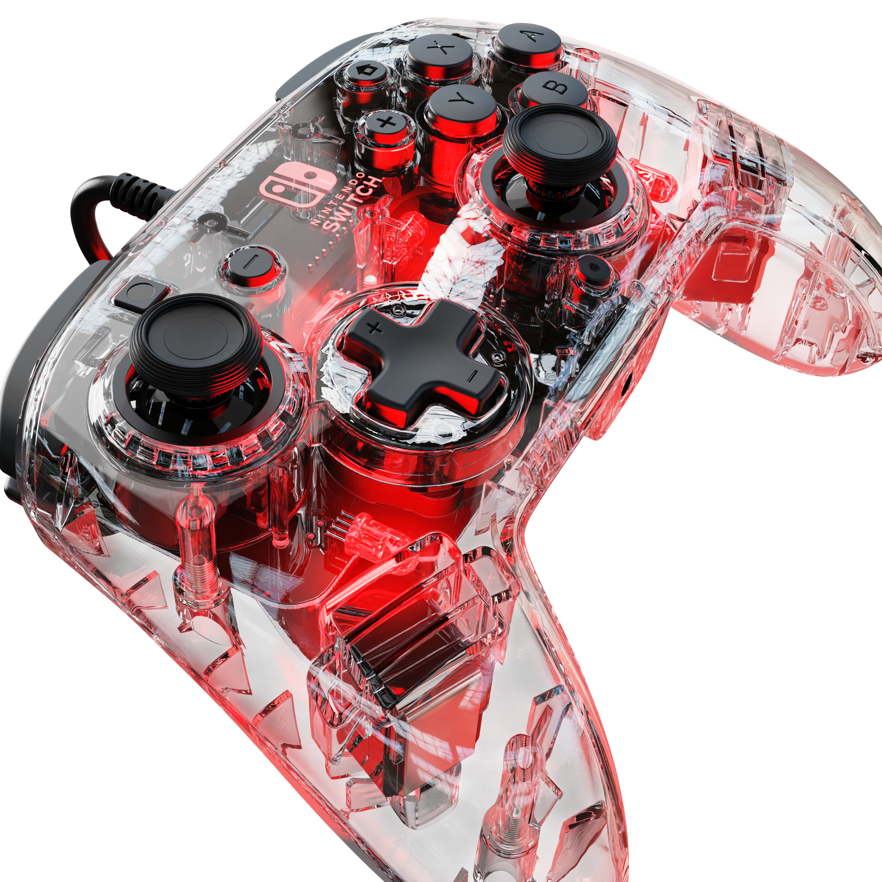 Przezroczysty, podświetlony na czerwono kontroler Nintendo Switch. Czarne przyciski i joysticki.