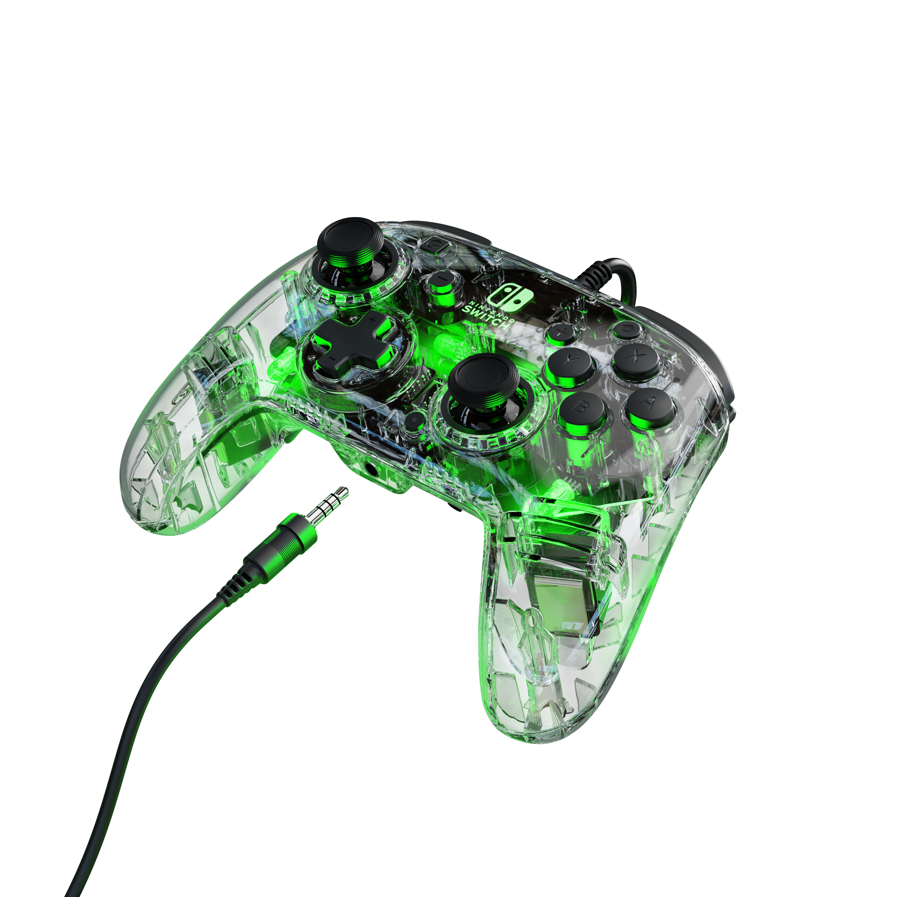 Przezroczysty kontroler z zielonymi światłami do Nintendo Switch. Czarny przewód z wtyczką.