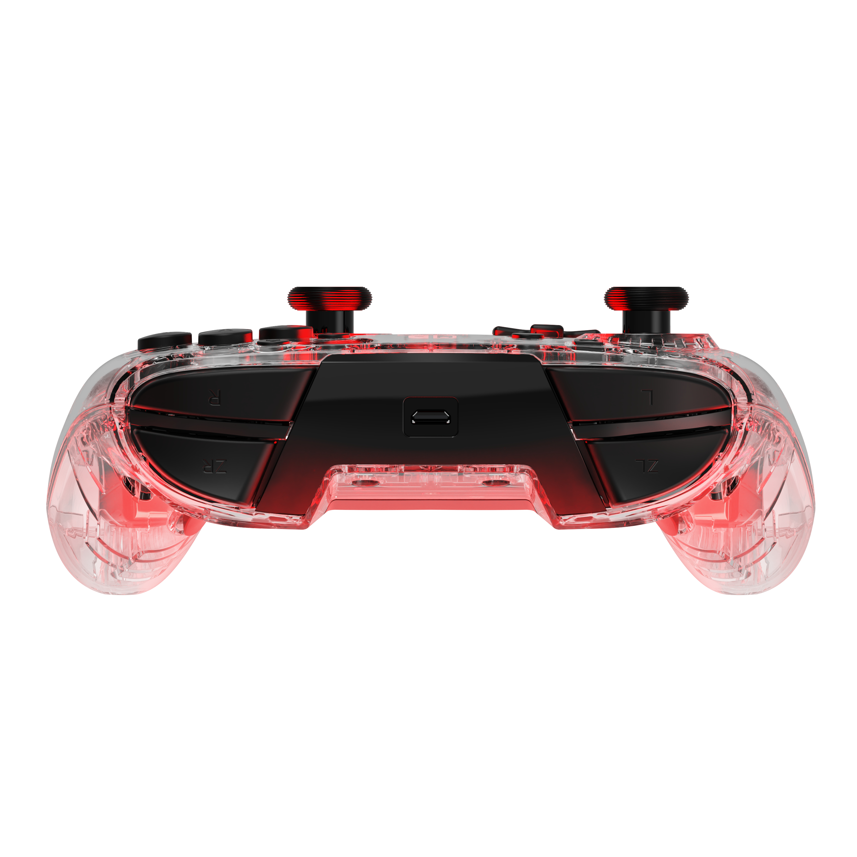 Przezroczysty kontroler do gier z czerwonymi światłami, przyciskami i joystickami.