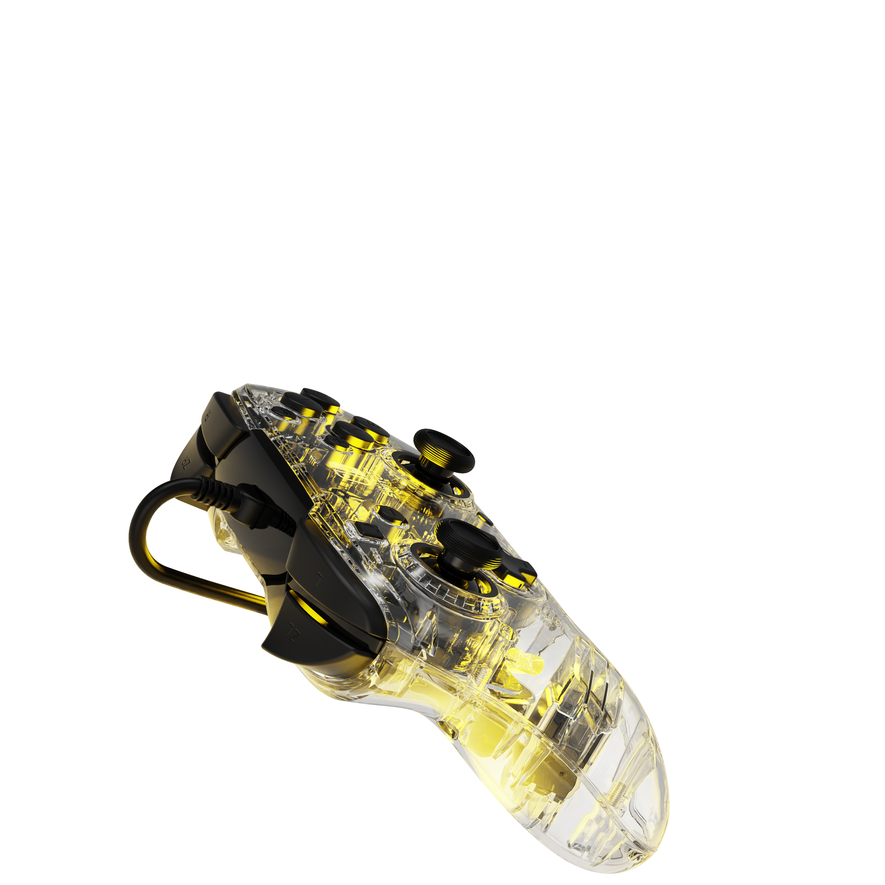 Przezroczysty kontroler do gier z żółtymi światłami i czarnymi przyciskami.