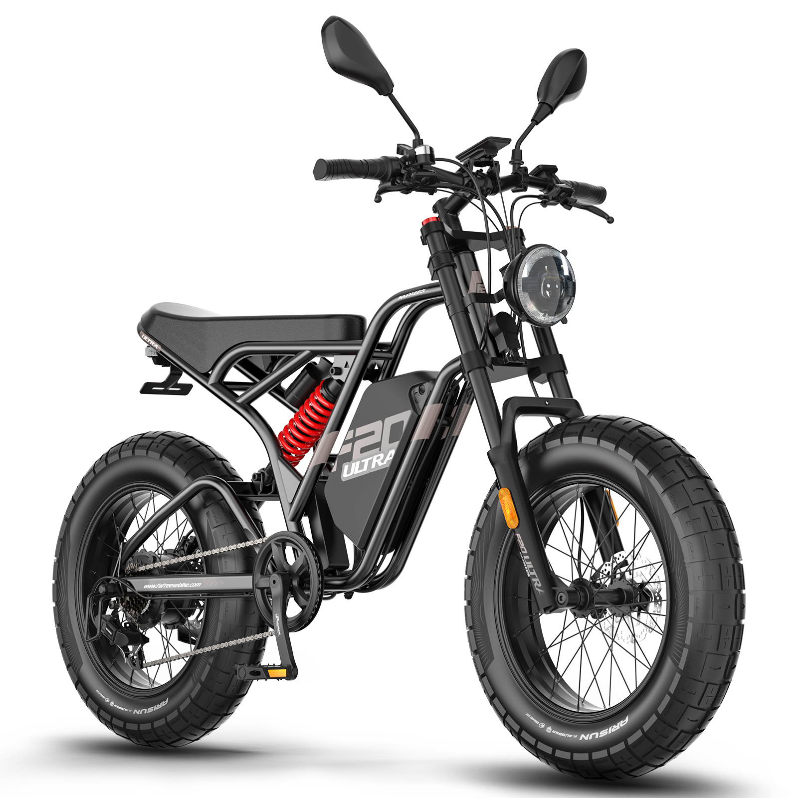 Motocicleta eléctrica negra. Tiene neumáticos grandes y suspensión roja.