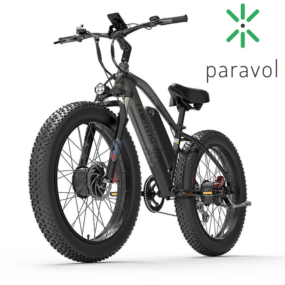 Schwarzes Elektrofahrrad mit großen Reifen. Paravol-Logo rechts. Draußen, Tag.