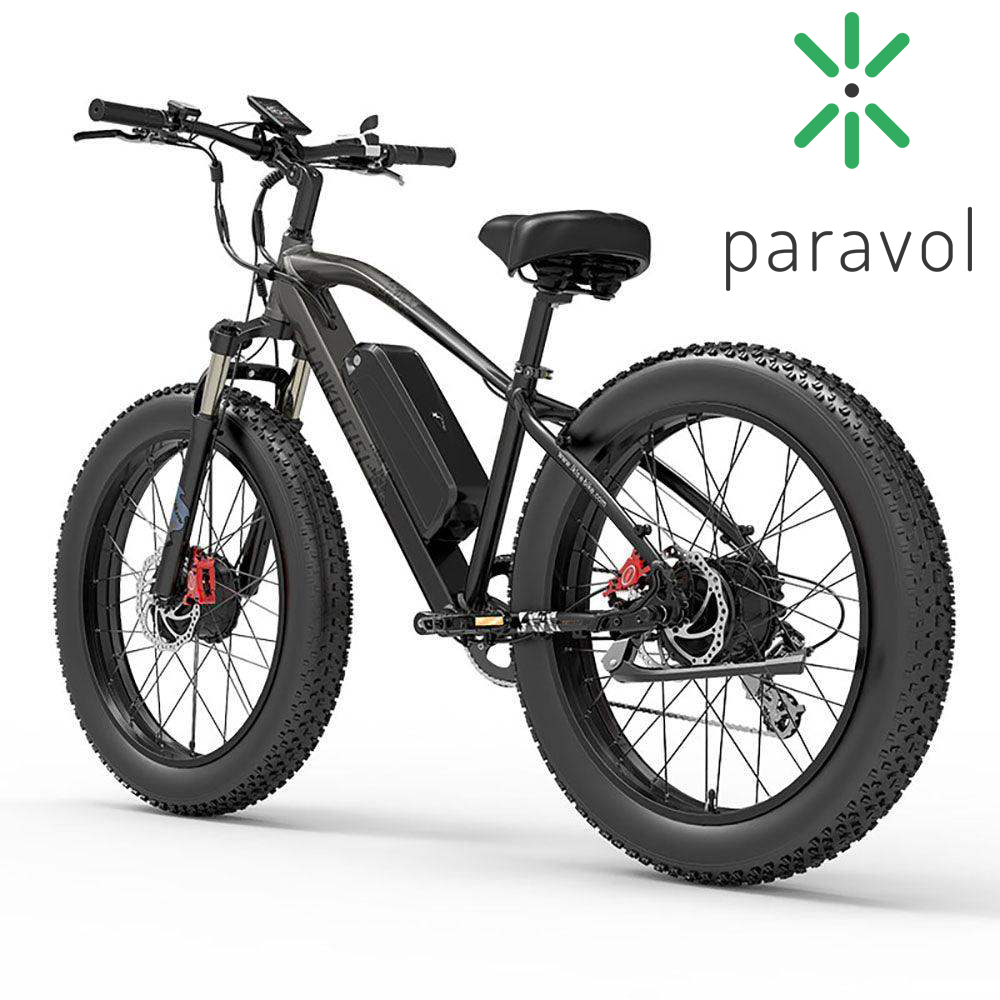 Schwarzes Elektrofahrrad mit großen Reifen. Paravol-Logo befindet sich auf der rechten Seite.