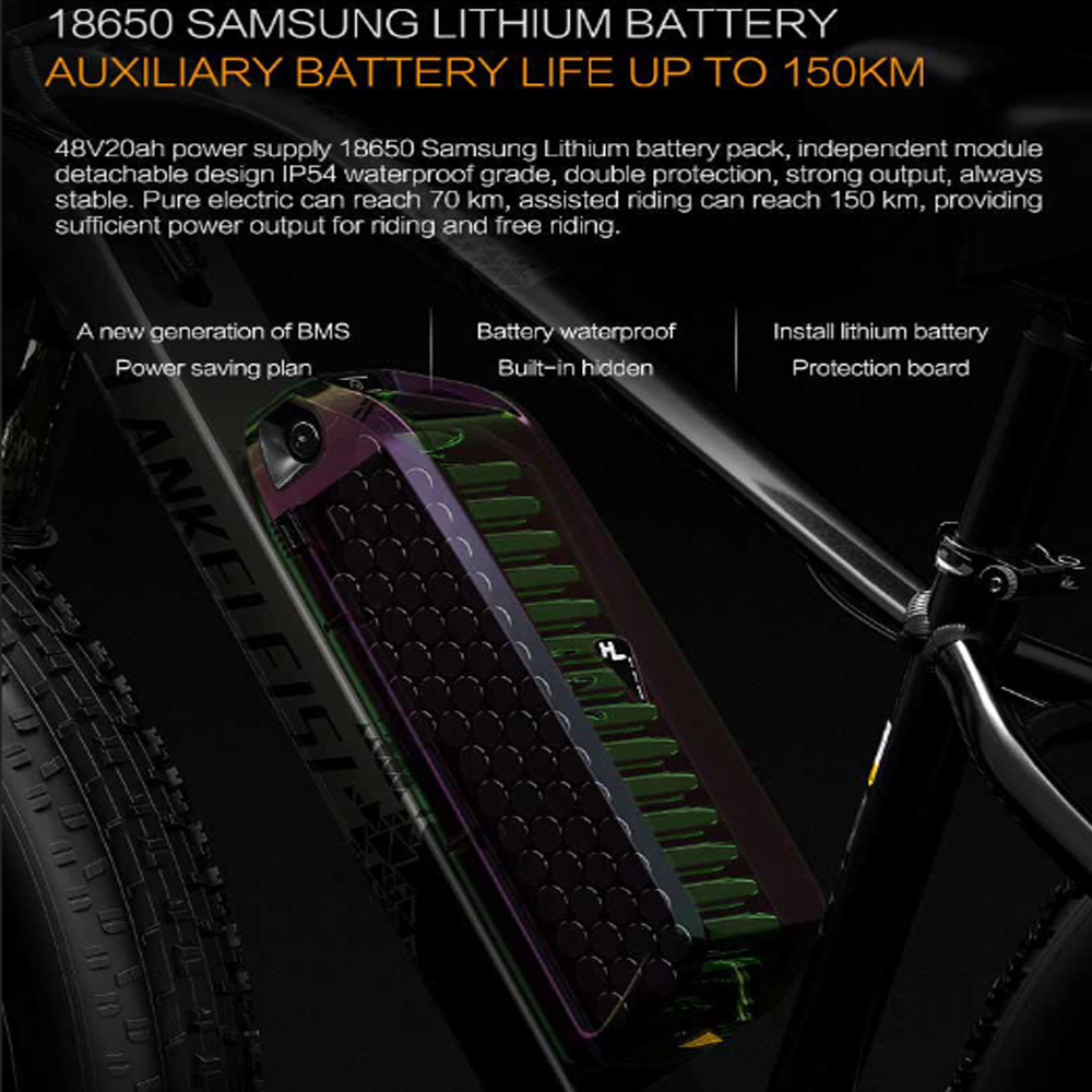 Batería de bicicleta eléctrica negra y gris, detallada con texto y diagramas.