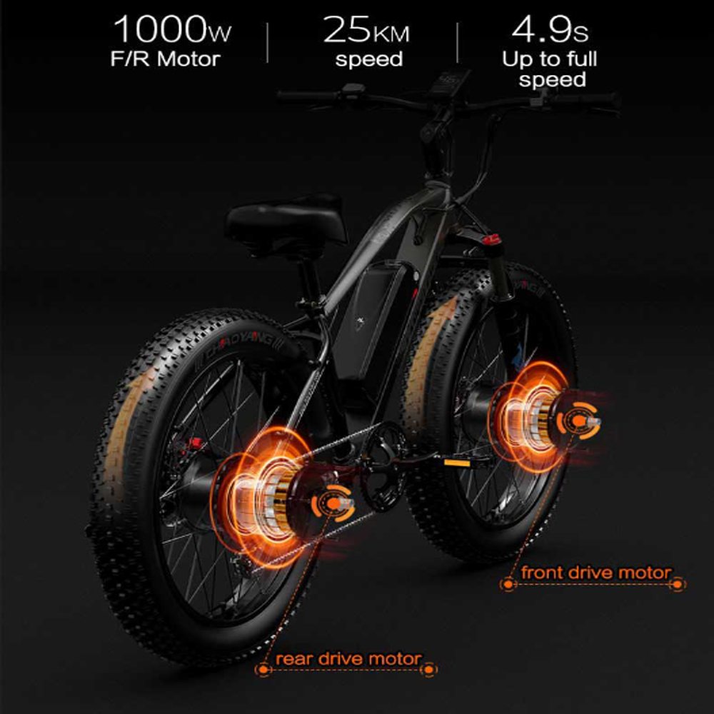 Bicicletta elettrica nera con ruote arancioni luminose. Specifiche: motore 1000W, velocità 25KM, 4,9 secondi per la massima velocità.