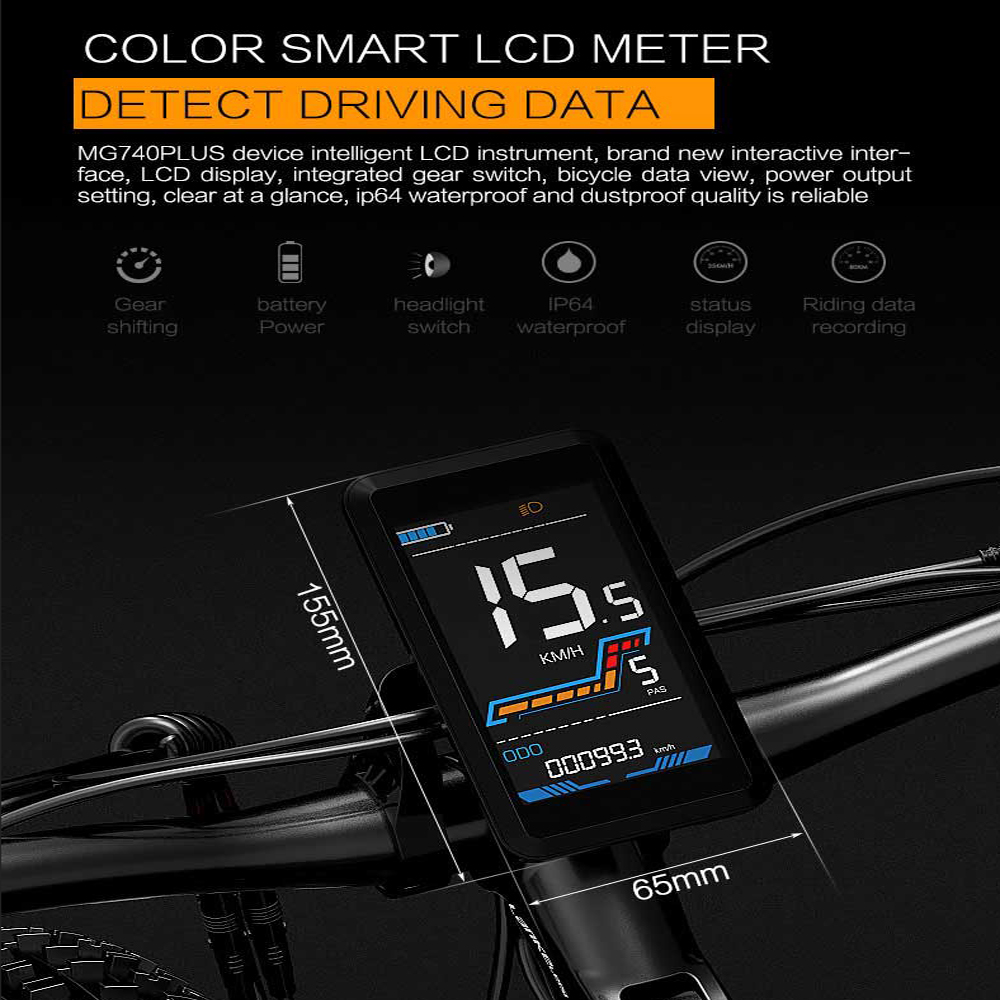 Medidor LCD que muestra datos de conducción en una bicicleta, con dimensiones.
