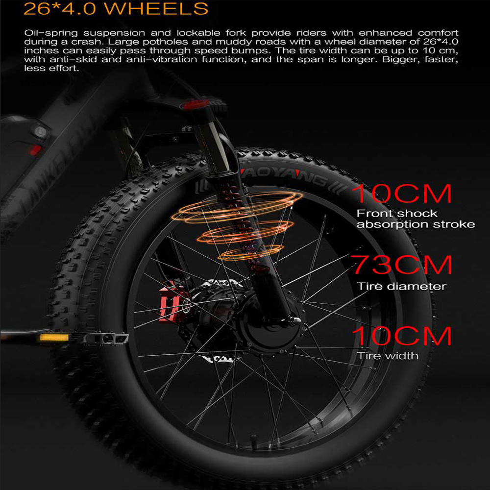 Rueda de bicicleta de llanta gorda negra y roja con texto que describe sus especificaciones.