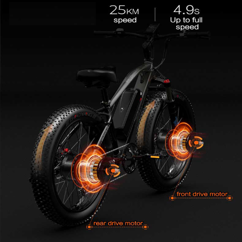 Bicicleta de montaña eléctrica con luces naranjas. La bicicleta es negra y tiene neumáticos gruesos.