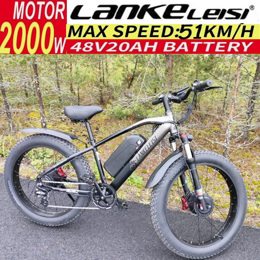 Una bici elettrica nera con una batteria grande e testo che dice '2000W', 'MAX SPEED:51KM/H' e '48V20AH BATTERY'.