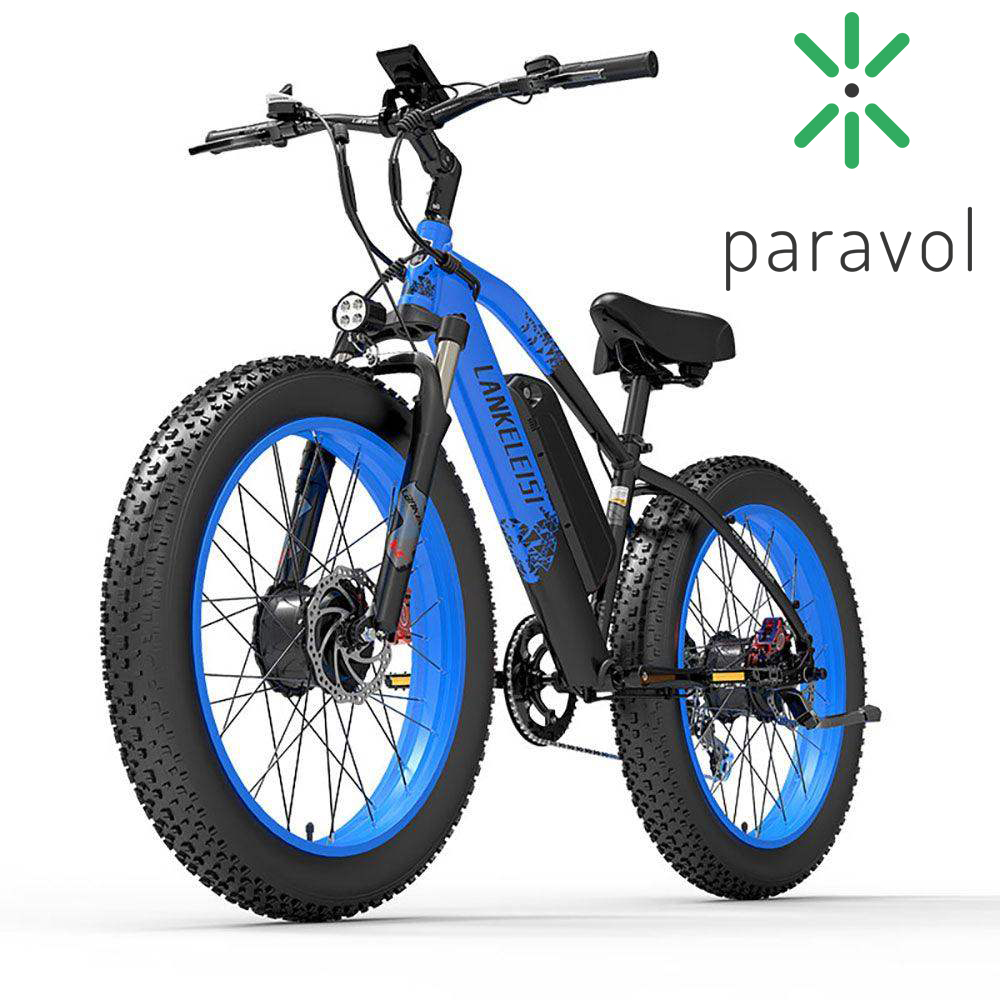 Bicicletta elettrica blu e nera con pneumatici grandi. Logo Paravol su sfondo bianco.